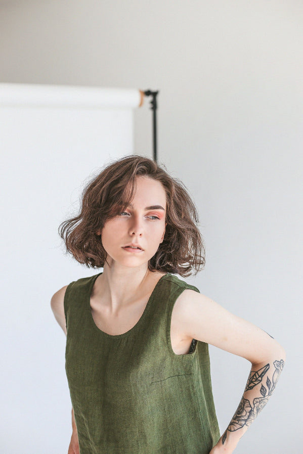 Dark Green Linen Crop Top