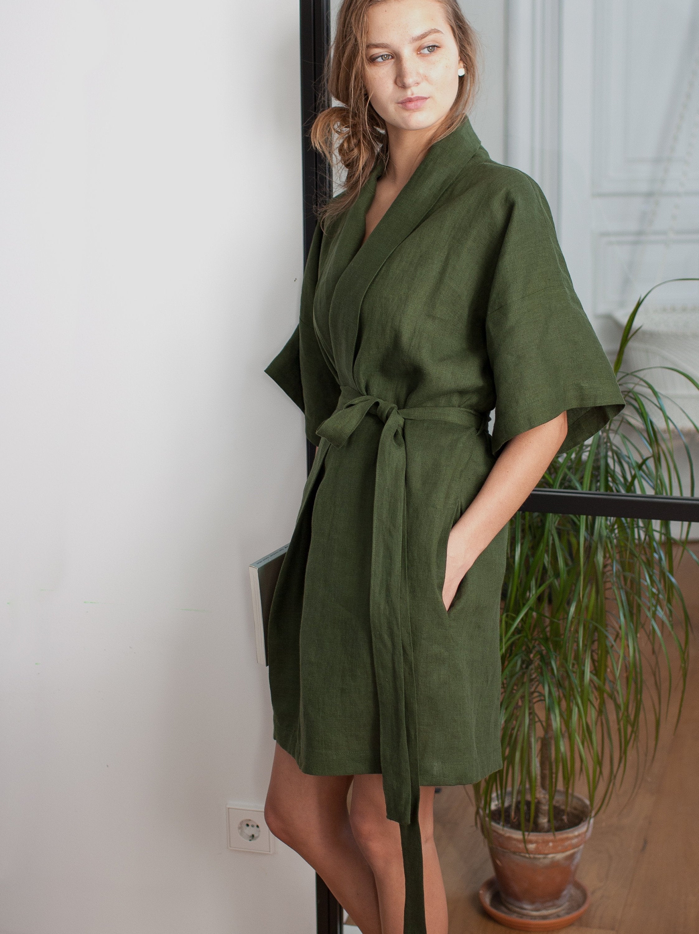 Dark Green Linen Robe