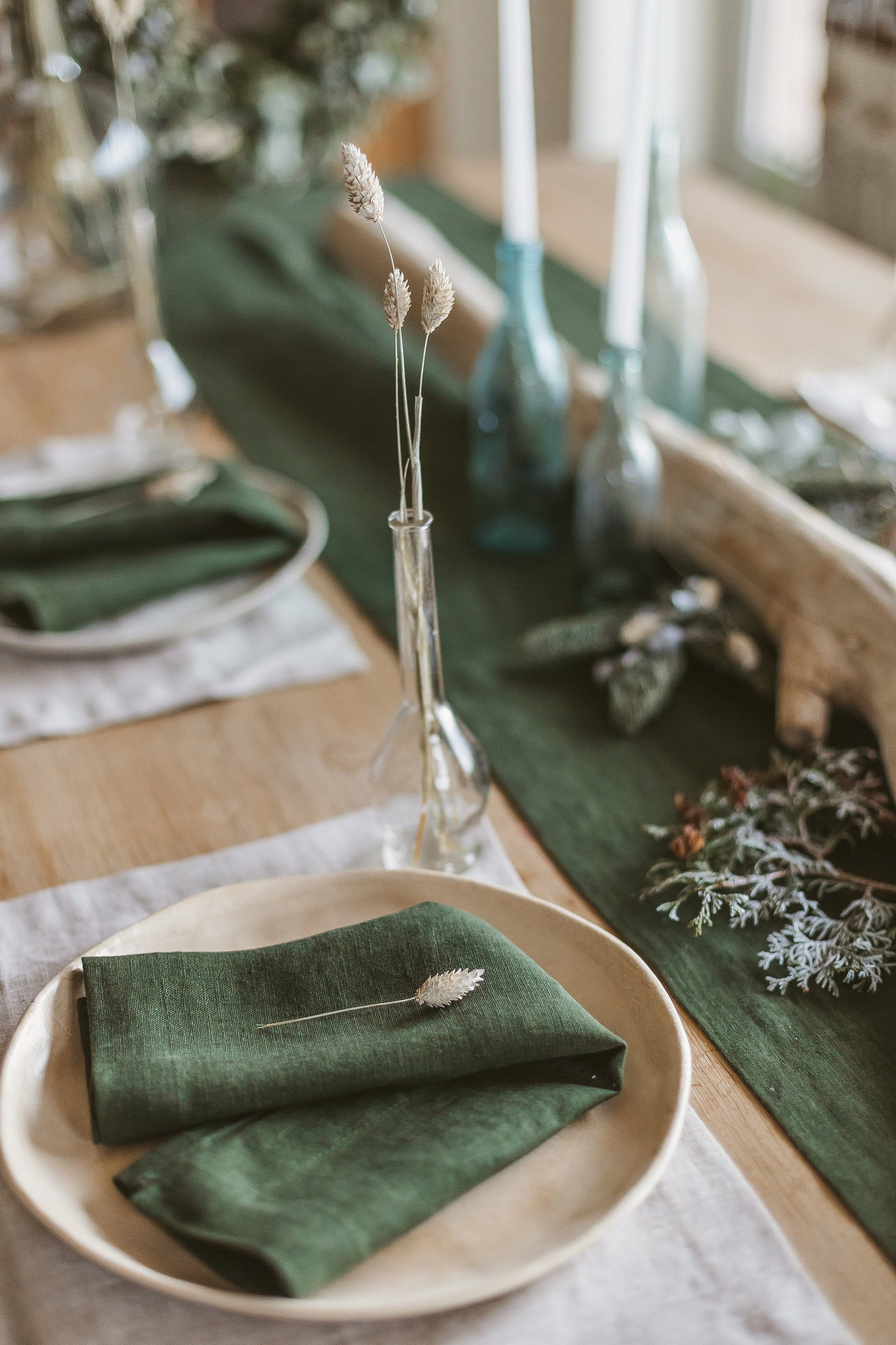 Dark Green Linen Table Runner