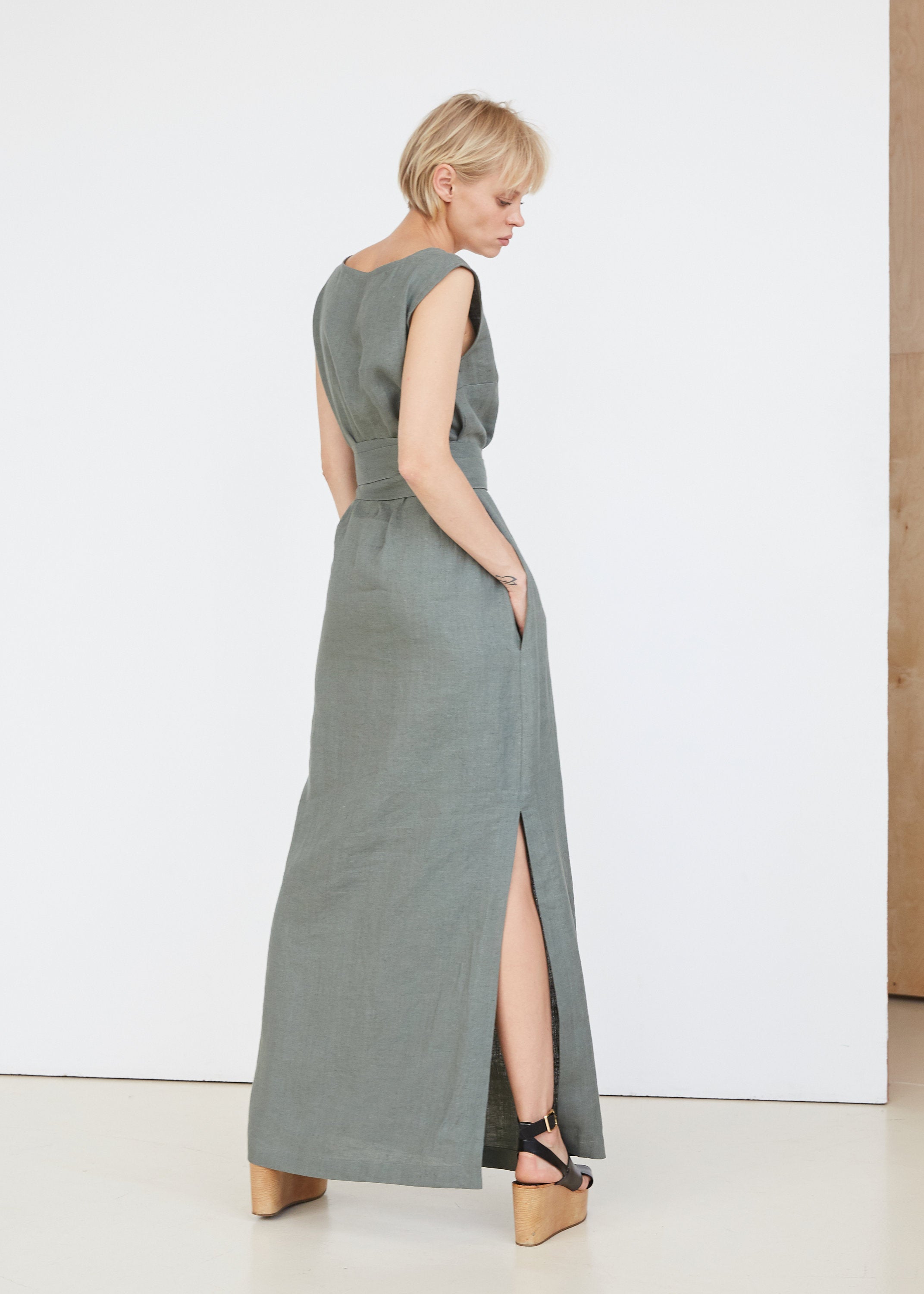 Safari Green Long Linen Dress