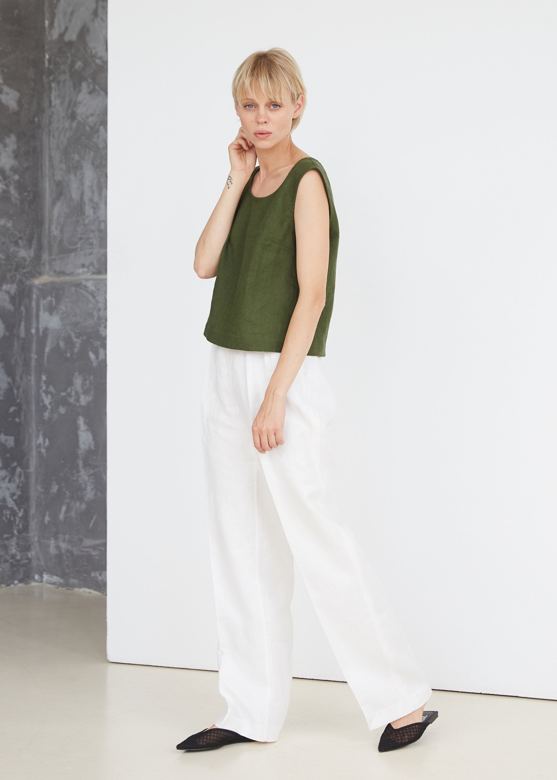Dark Green Linen Crop Top