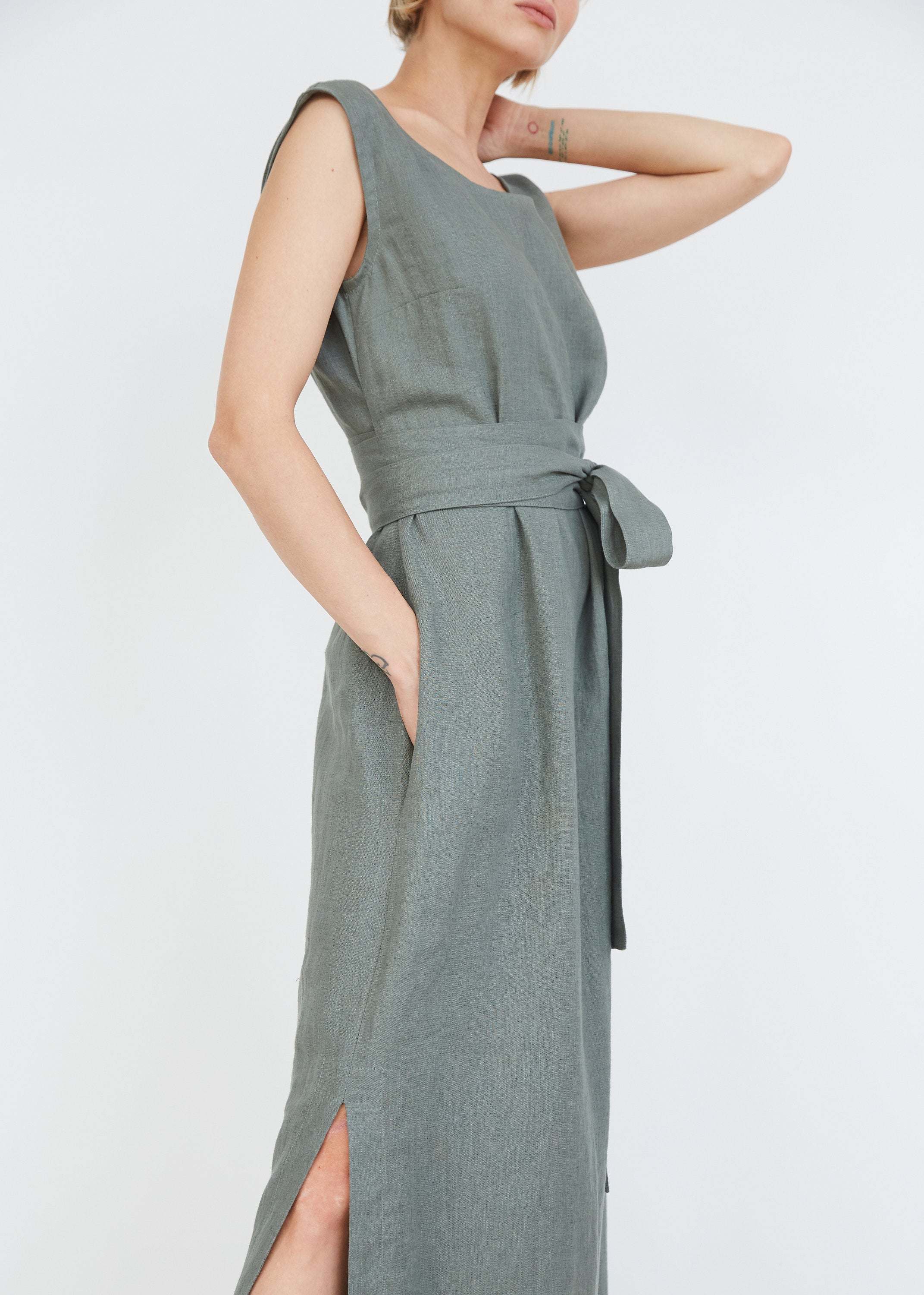 Safari Green Long Linen Dress