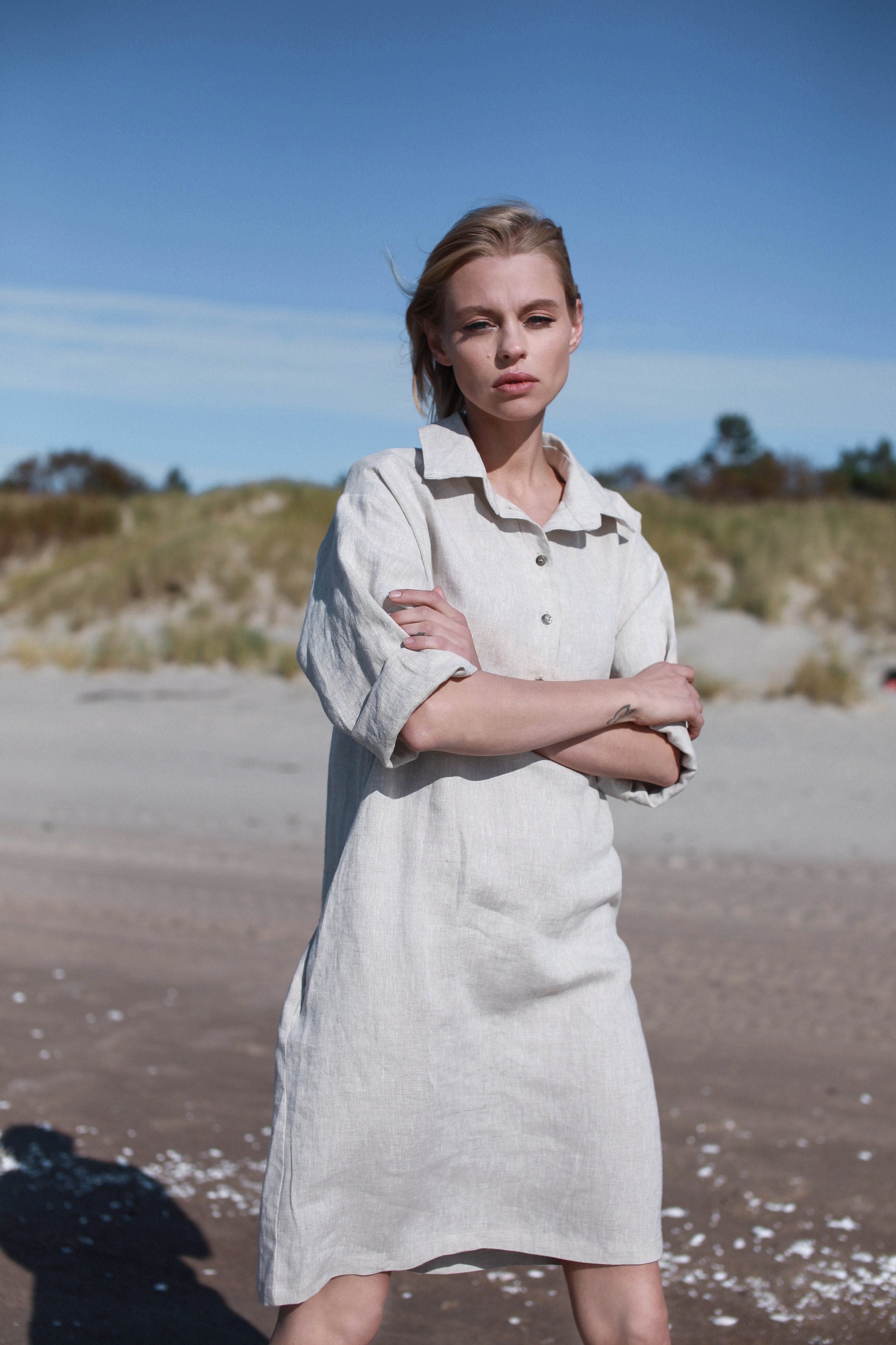 Safari Green Linen Shirt Dress