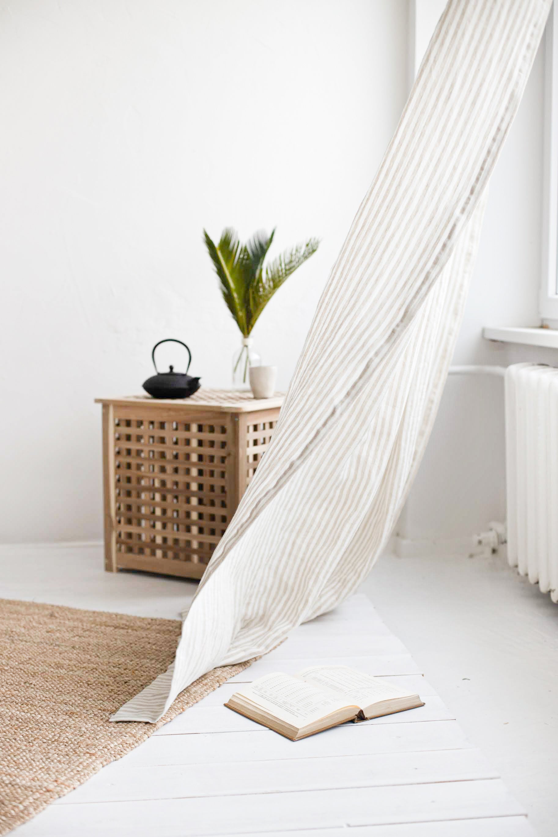 86.6"/220 Cm Width Natural Striped Linen Curtain