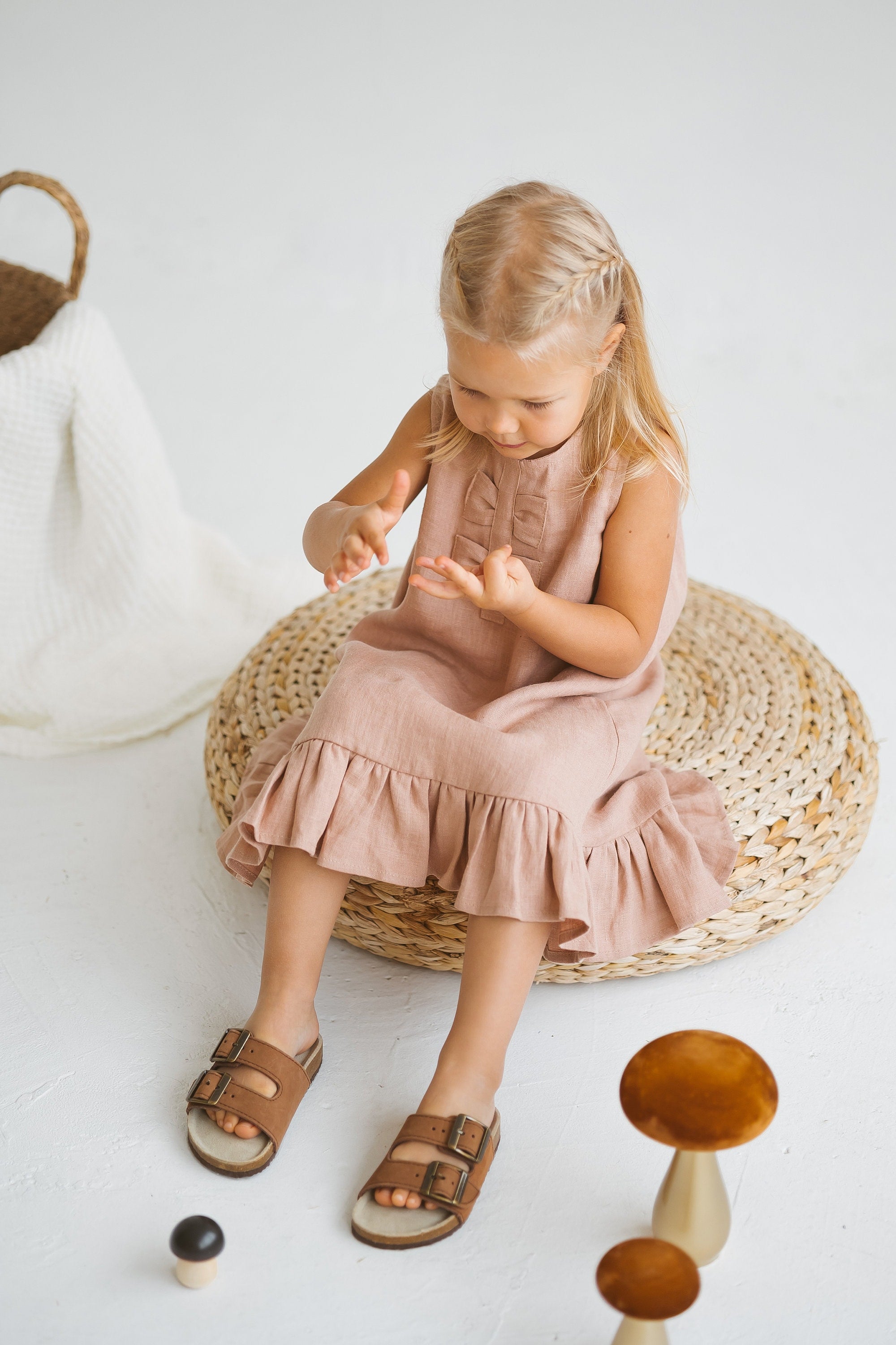 Peach Linen Girls Dress