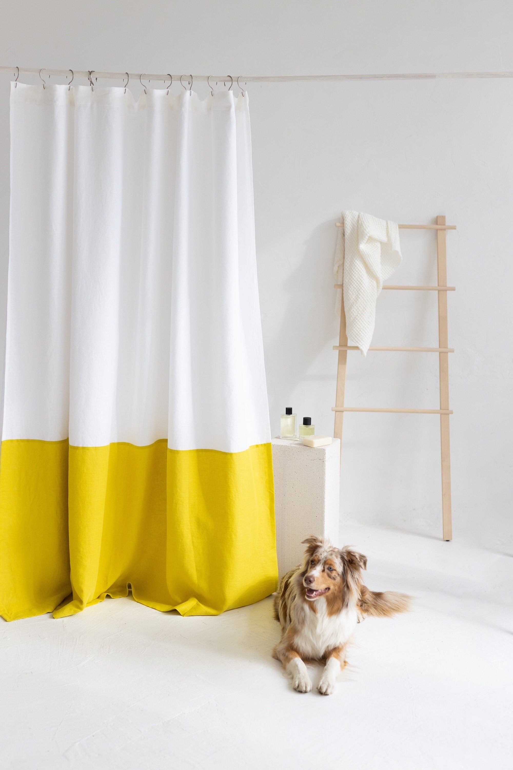 Waterproof White and Yellow Linen Shower Curtain