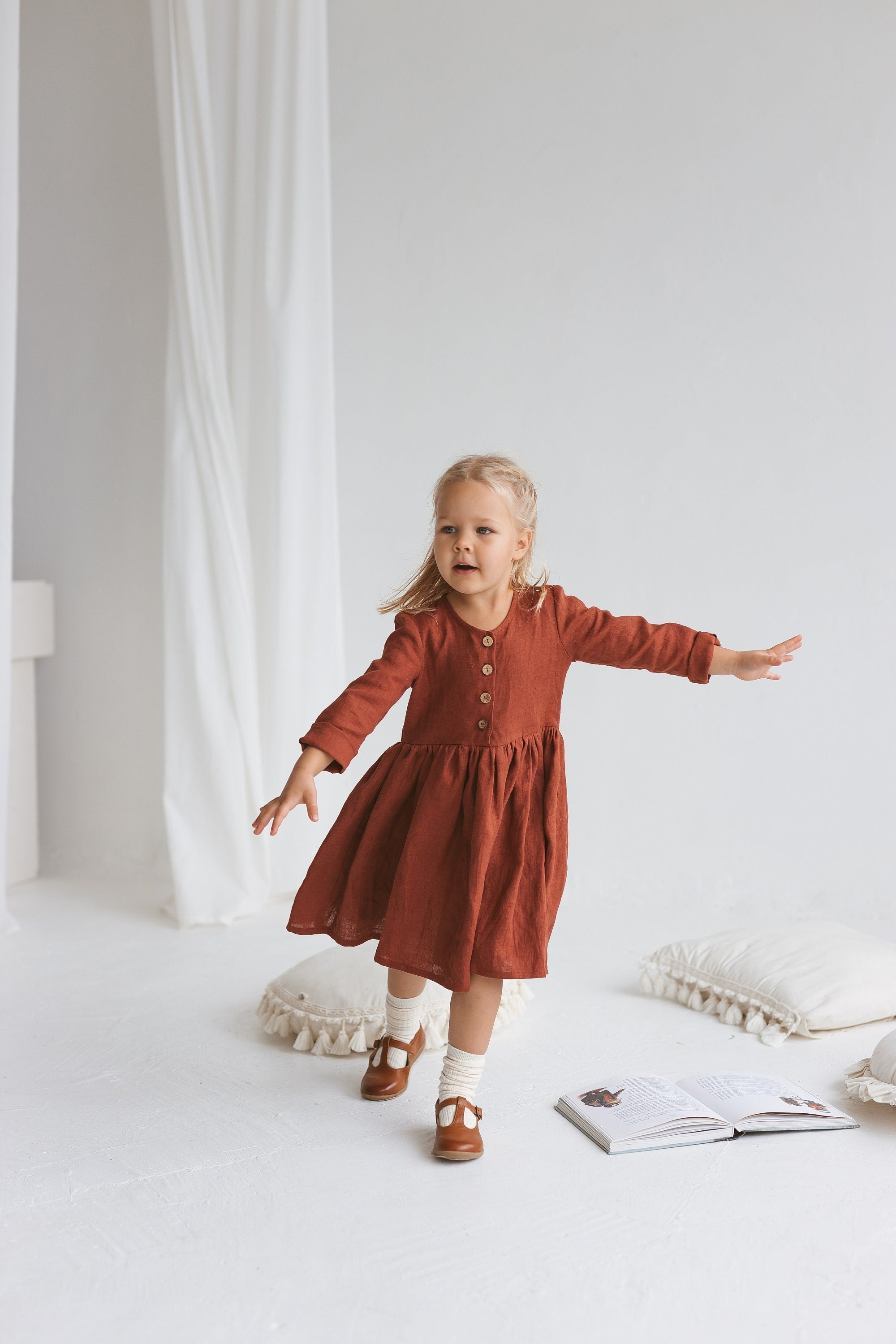 Girls Linen Dress With Buttons
