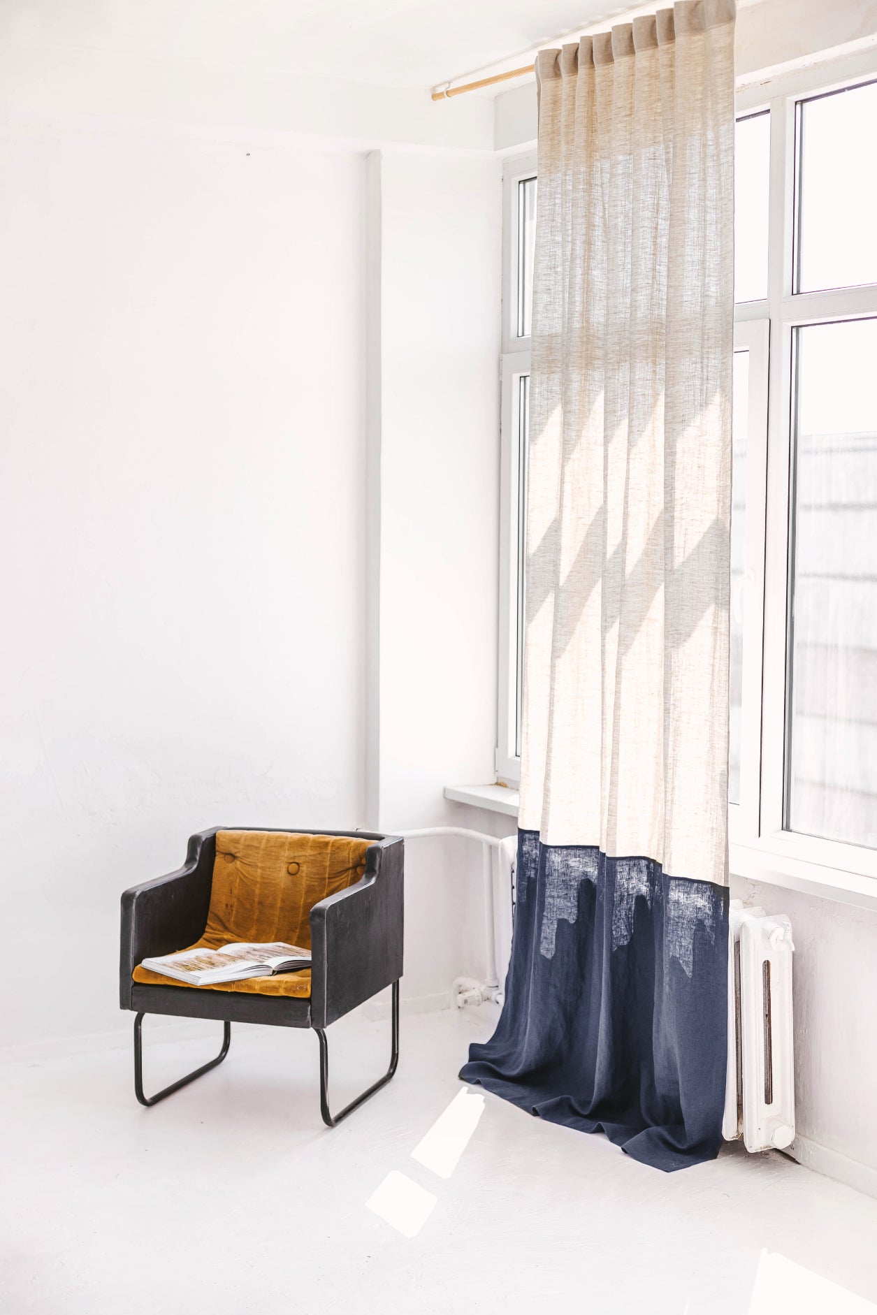 86.6"/220 cm width Natural light and Dark teal Color Block Linen Curtain