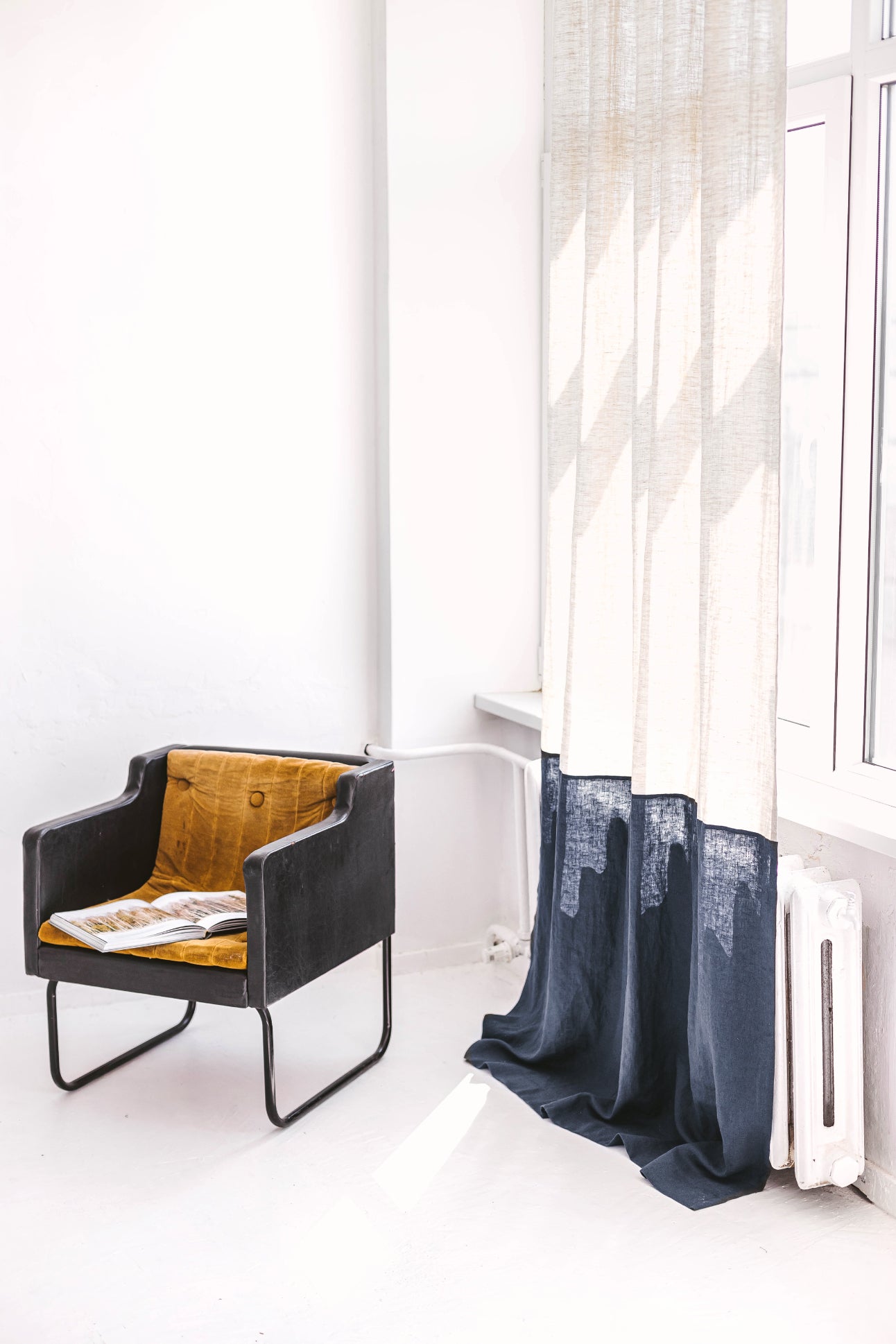 86.6"/220 cm width Natural light and Dark teal Color Block Linen Curtain