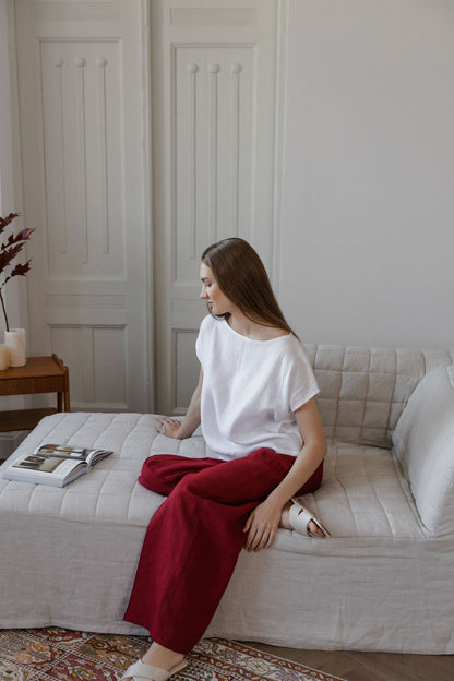 Berry Red Linen Pants With Crease