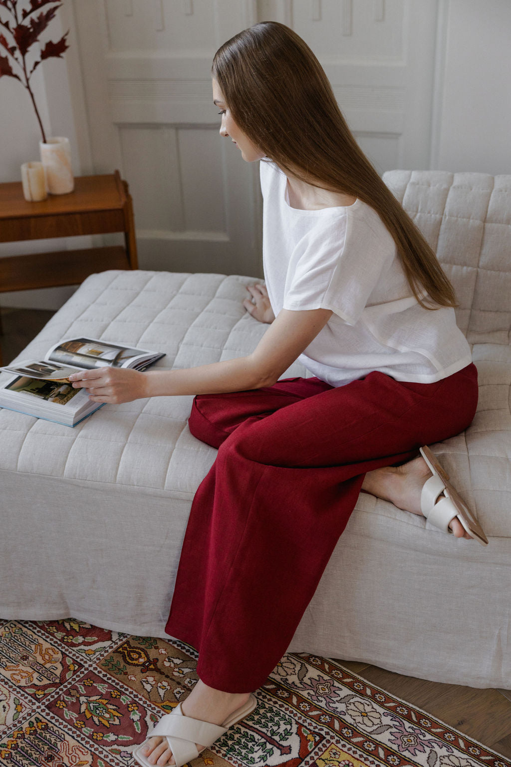 Berry Red Linen Pants With Crease