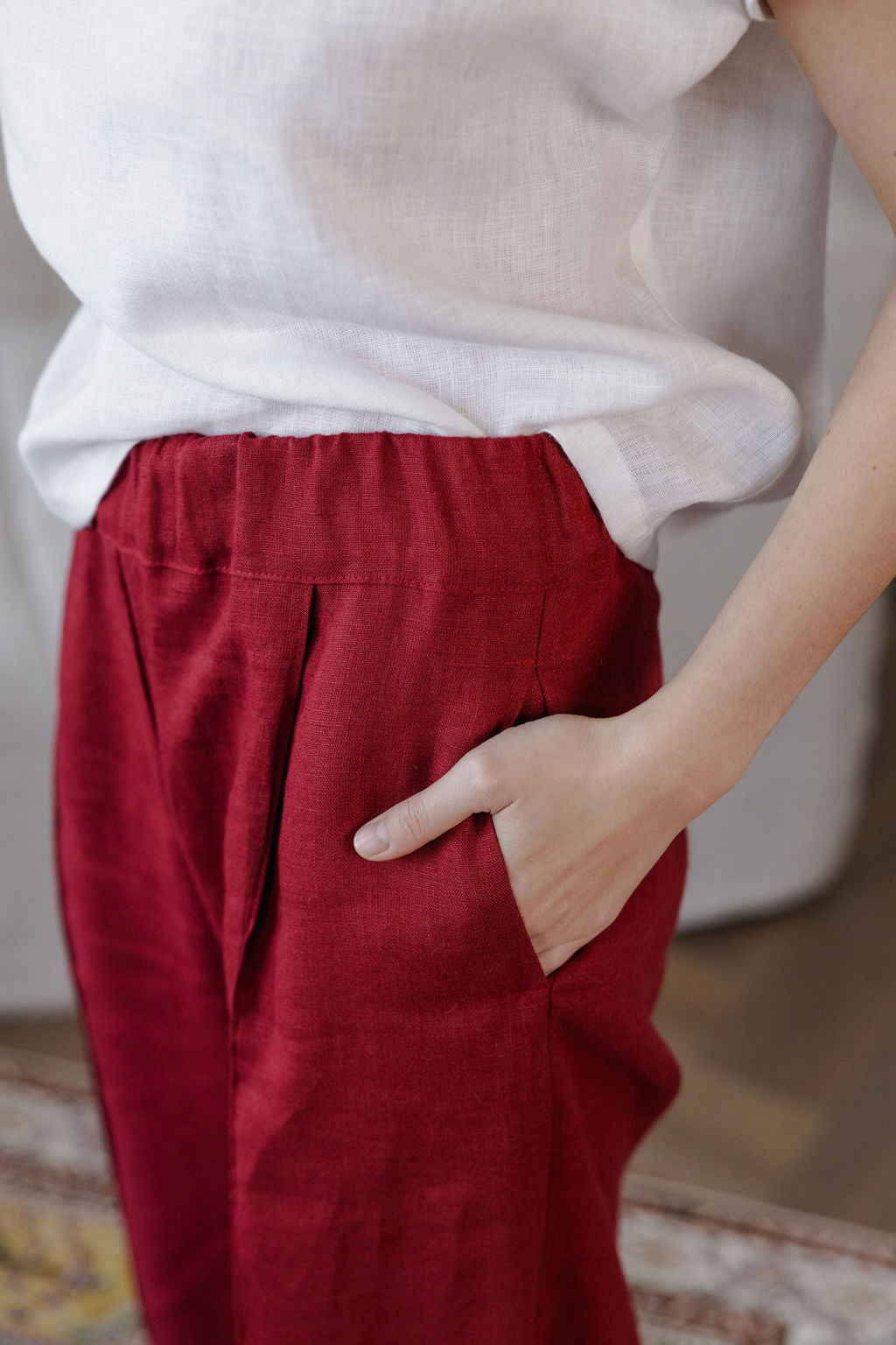 Berry Red Linen Pants With Crease