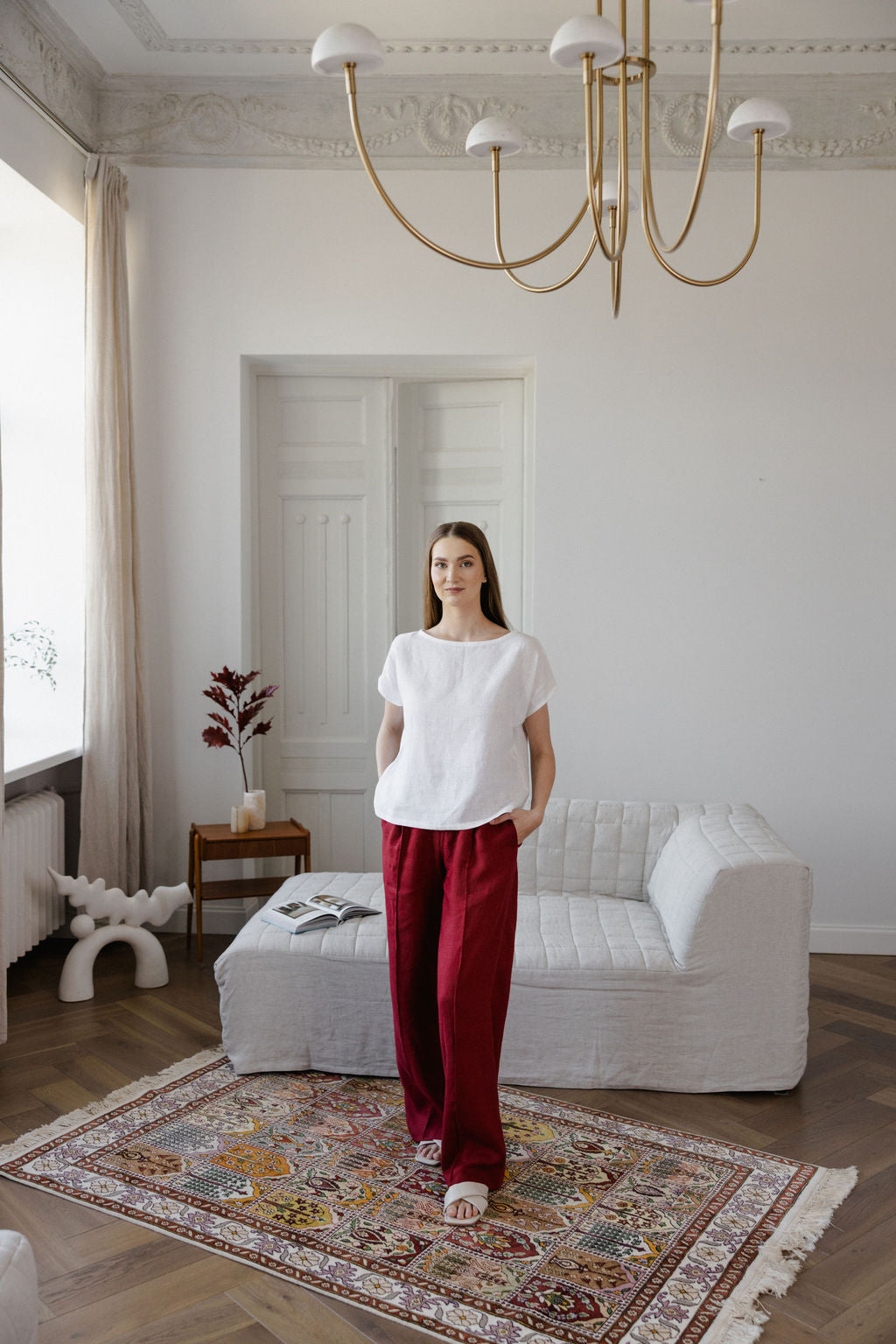 Berry Red Linen Pants With Crease