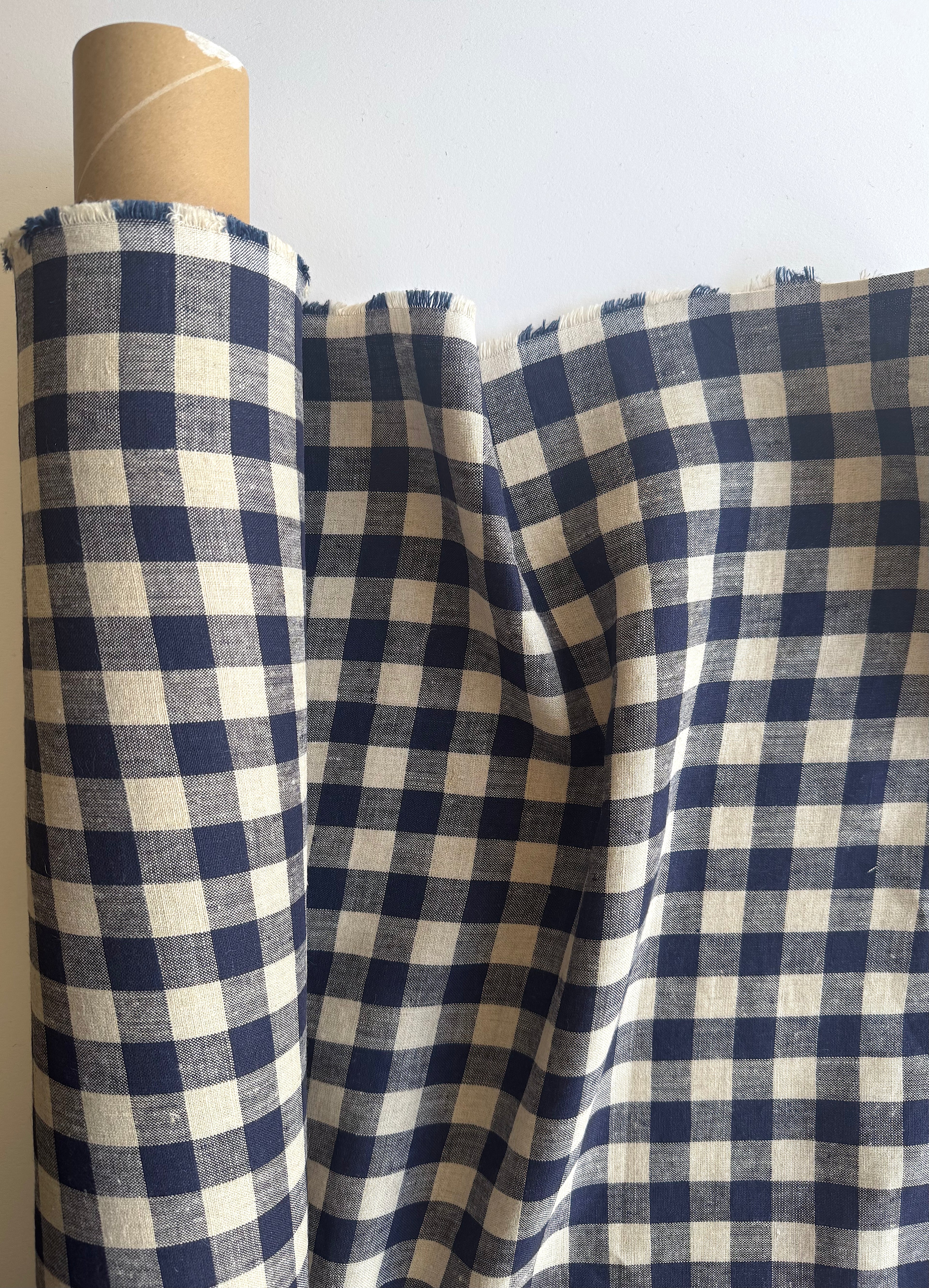 Deep blue gingham linen fabric