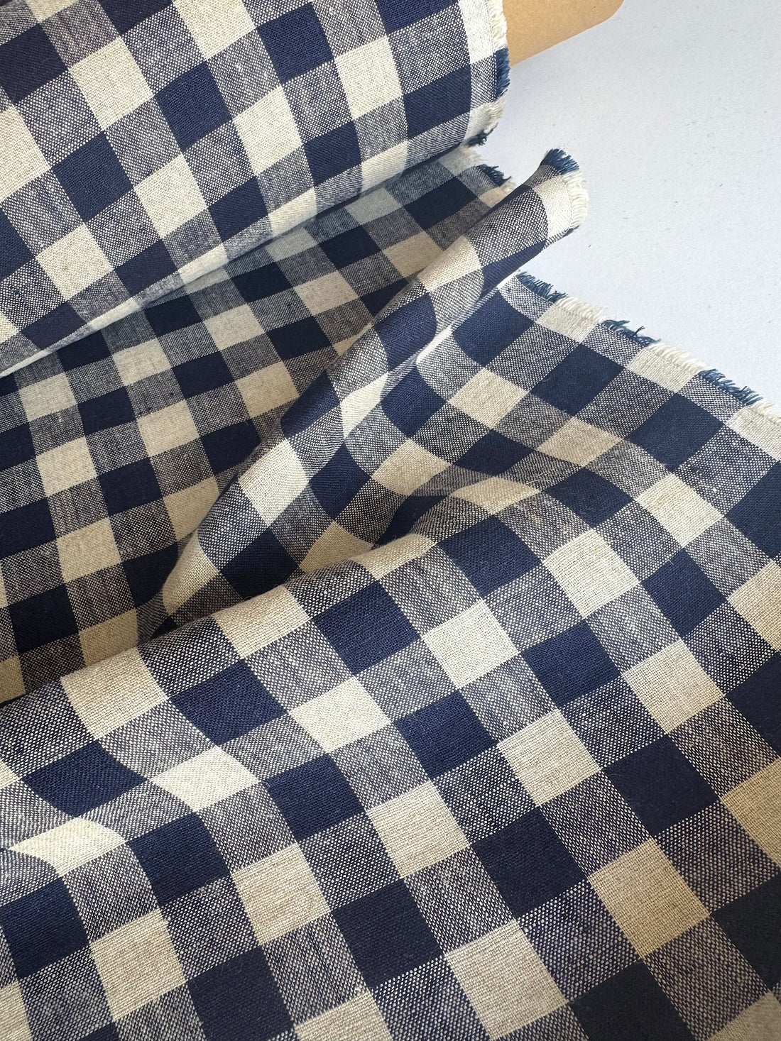 Deep blue gingham linen fabric