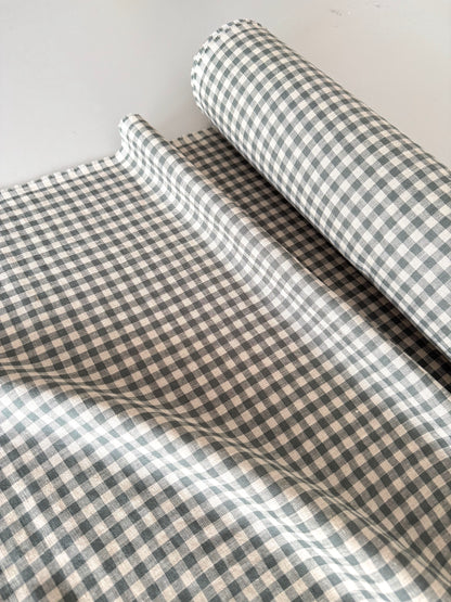 Gray green gingham linen fabric