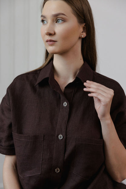 brown linen women shirt