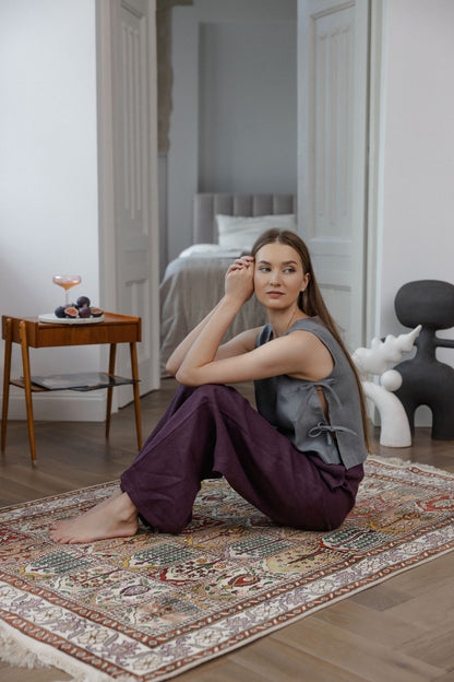Pigeon Gray Linen Crop Top With Side Ties