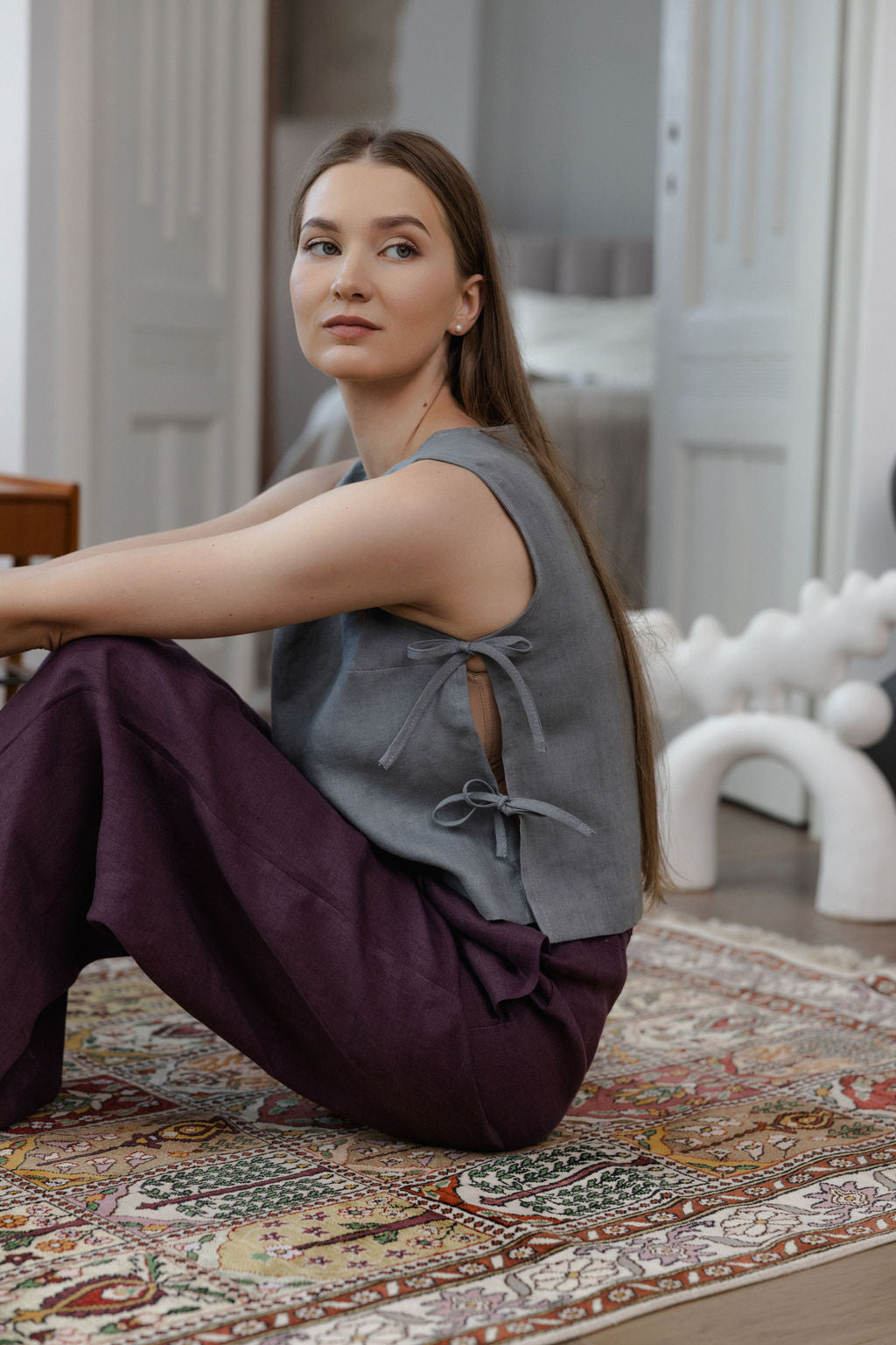 Pigeon Gray Linen Crop Top With Side Ties