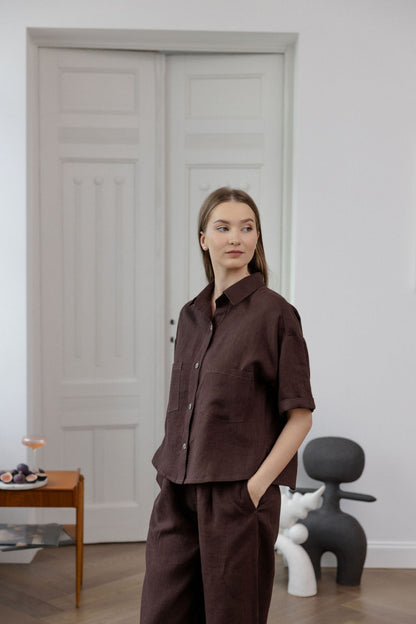 brown linen women shirt