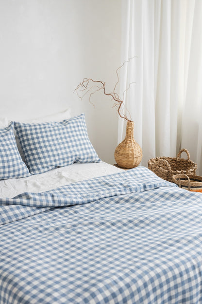 Gingham blue linen bedding set