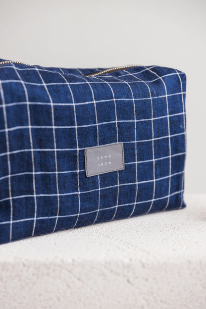 Navy Blue Windowpane Linen Makeup Bag