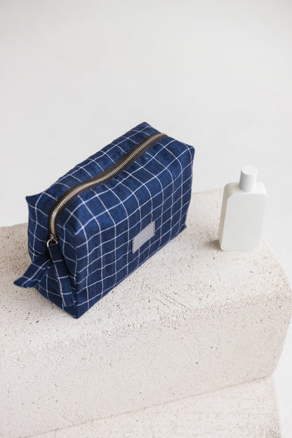 Navy Blue Windowpane Linen Makeup Bag