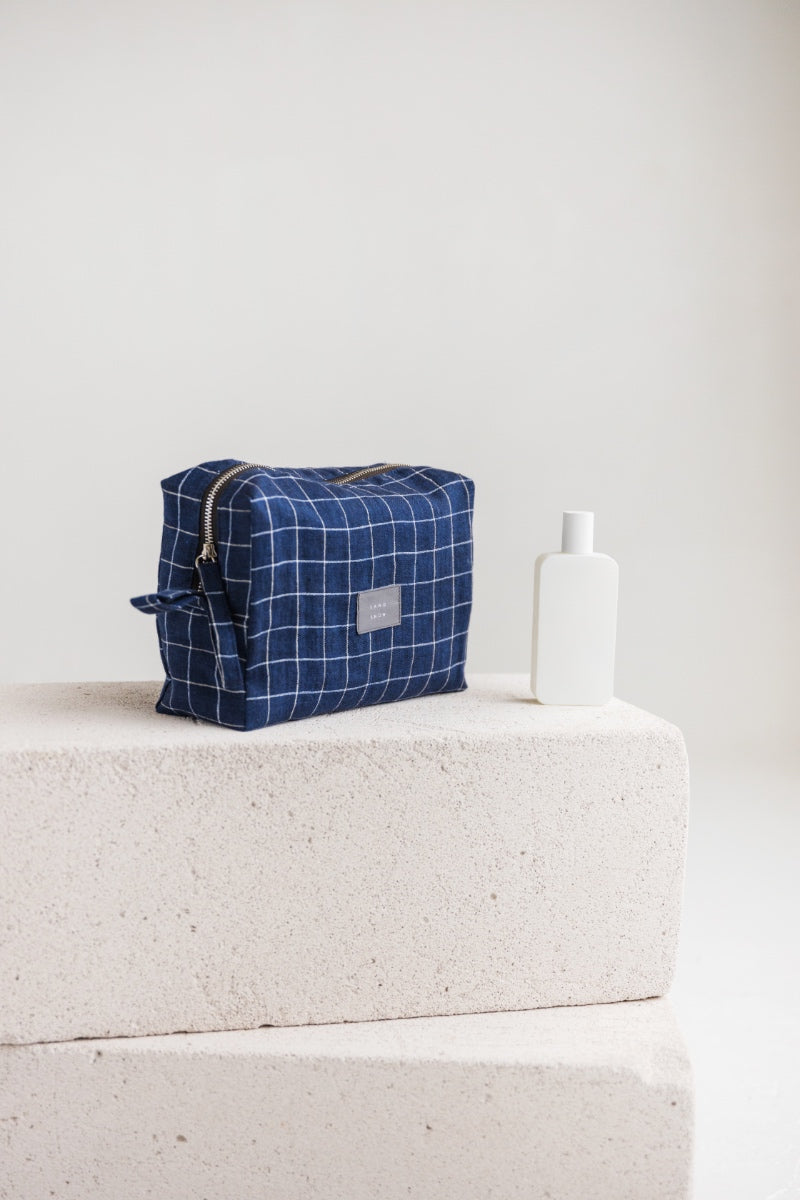 Navy Blue Windowpane Linen Makeup Bag
