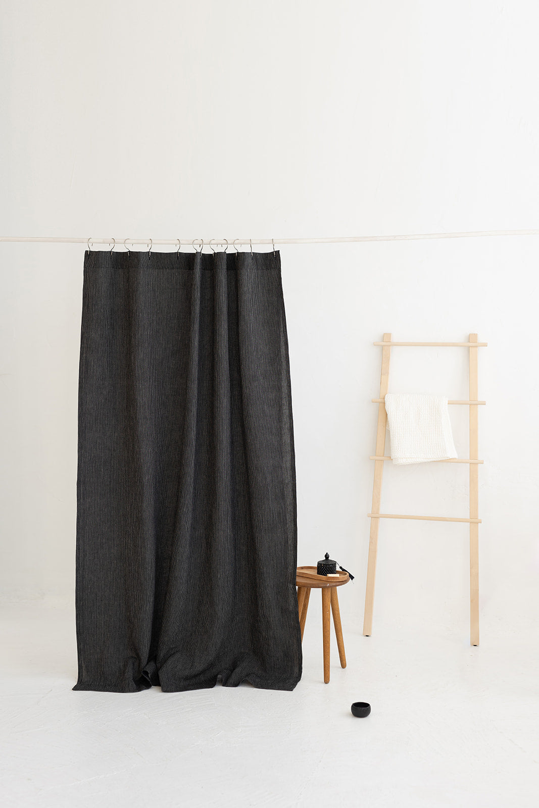 Waterproof Black Pinstripe Linen Shower Curtain 140cm / 55&