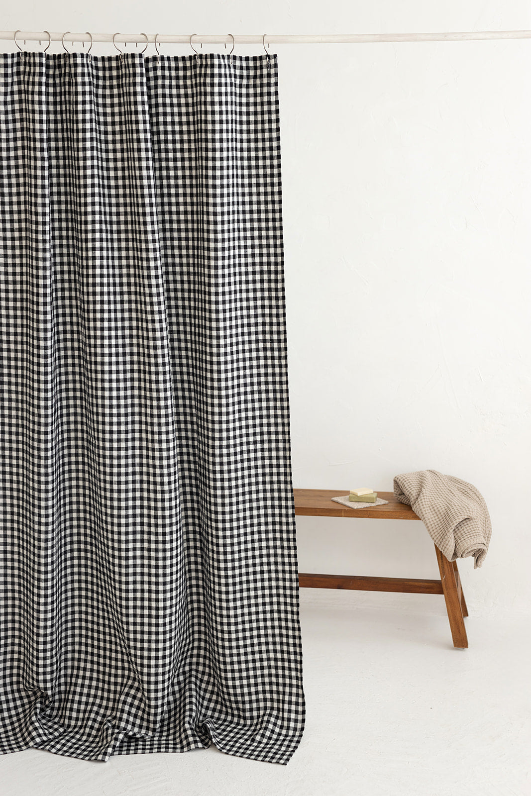 Waterproof Black Gingham Linen Shower Curtain 140cm / 55&