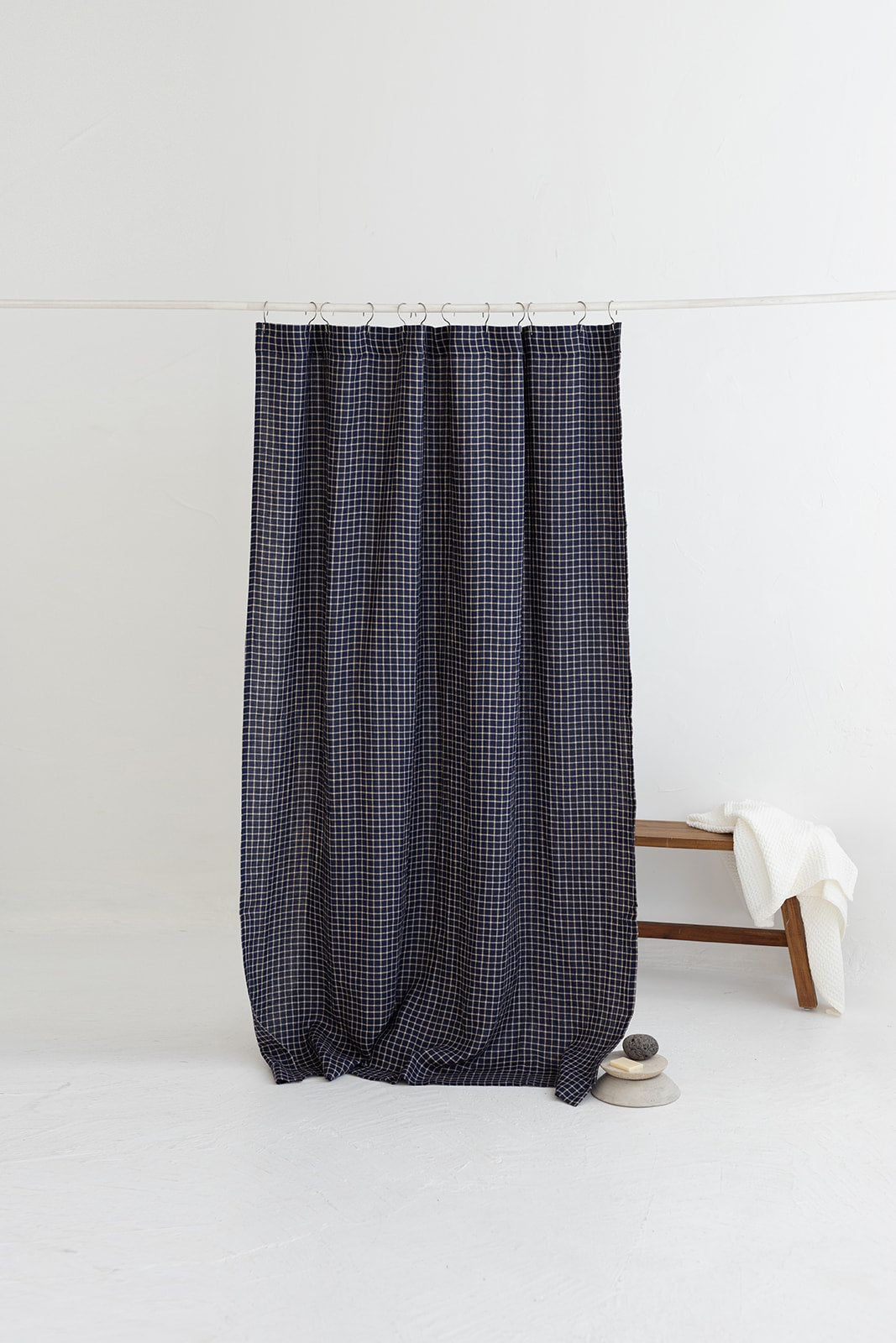 Waterproof Denim Blue Checks Linen Shower Curtain 140cm / 55&