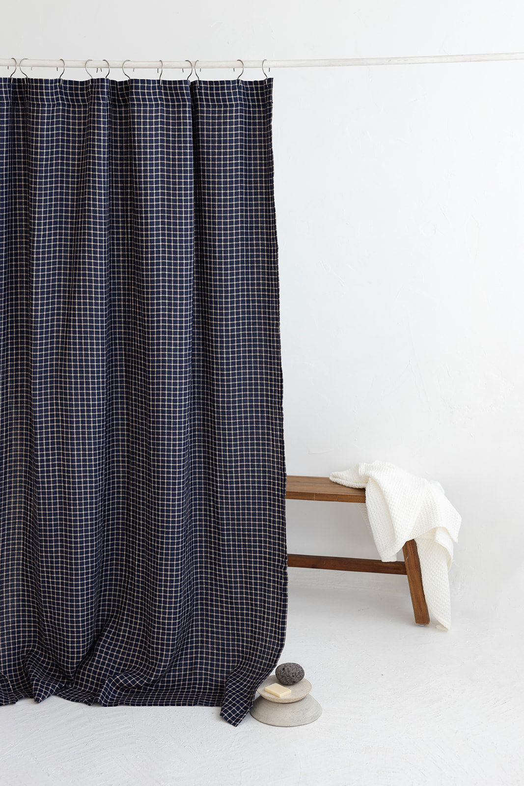 Waterproof Denim Blue Checks Linen Shower Curtain 140cm / 55&