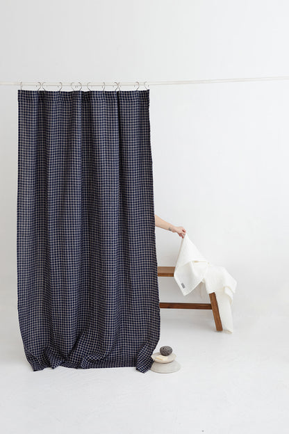 Waterproof Denim Blue Checks Linen Shower Curtain 140cm / 55&