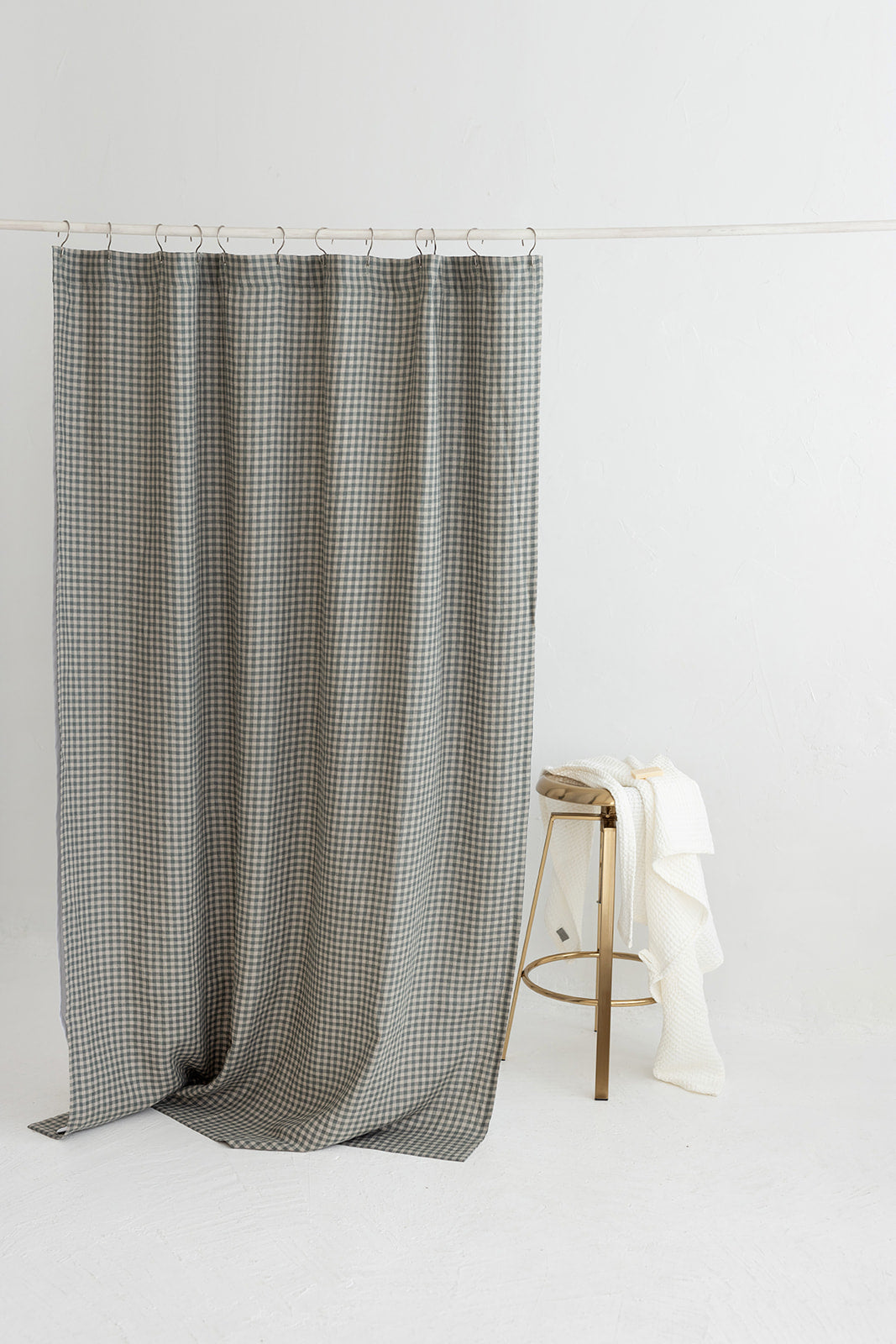 Waterproof Gray Green Gingham Linen Shower Curtain 140cm / 55&