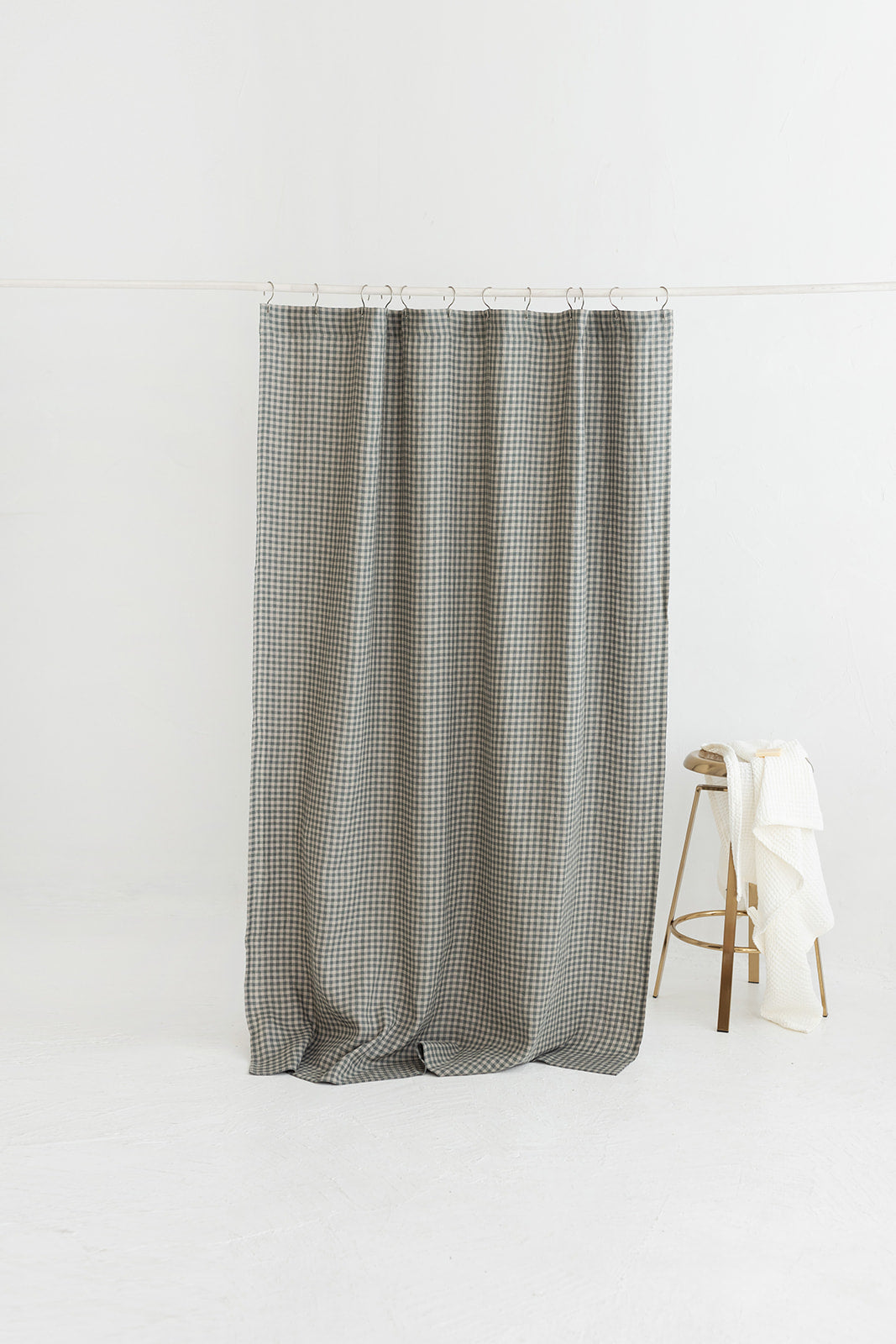 Waterproof Gray Green Gingham Linen Shower Curtain 140cm / 55&