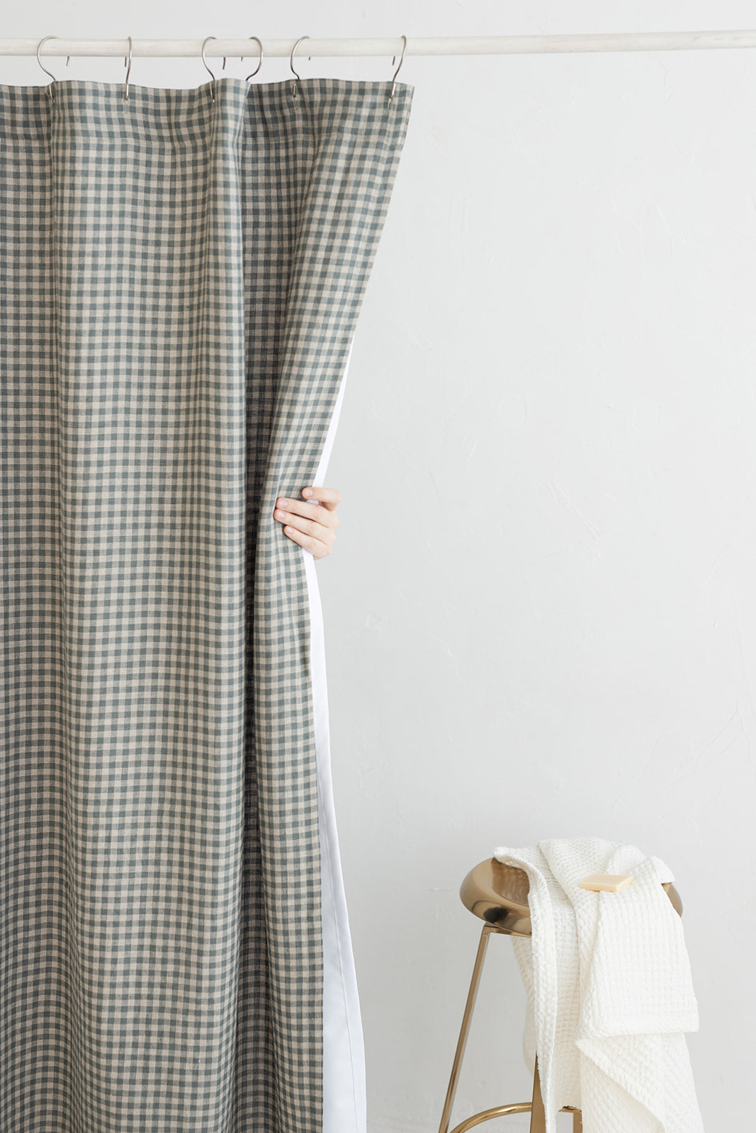 Waterproof Gray Green Gingham Linen Shower Curtain 140cm / 55&