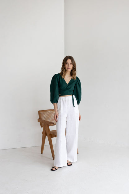 Emerald Linen Blouse With Puff Sleeves
