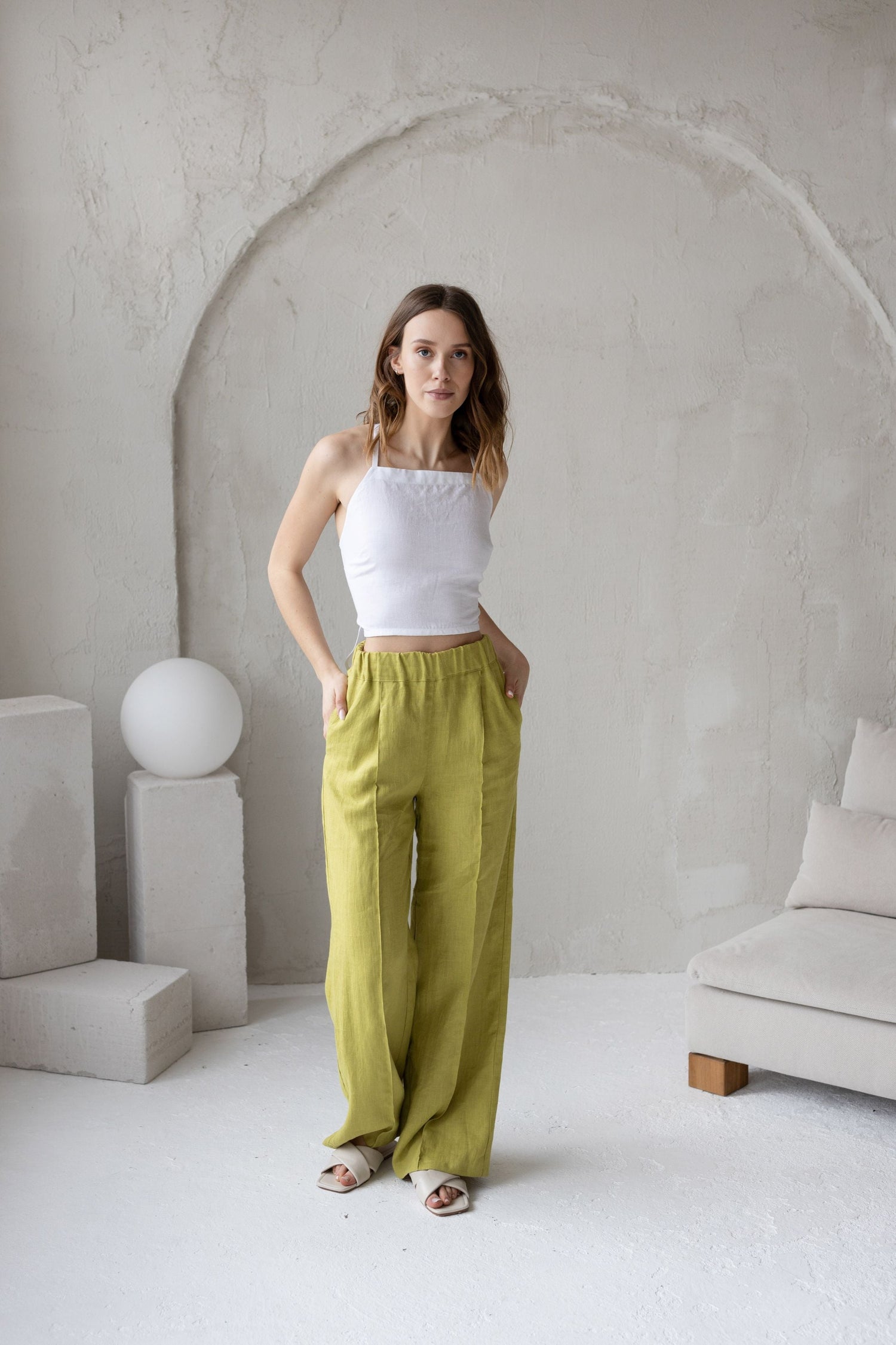 Mustard Linen Crop Top With Open Crossed Back