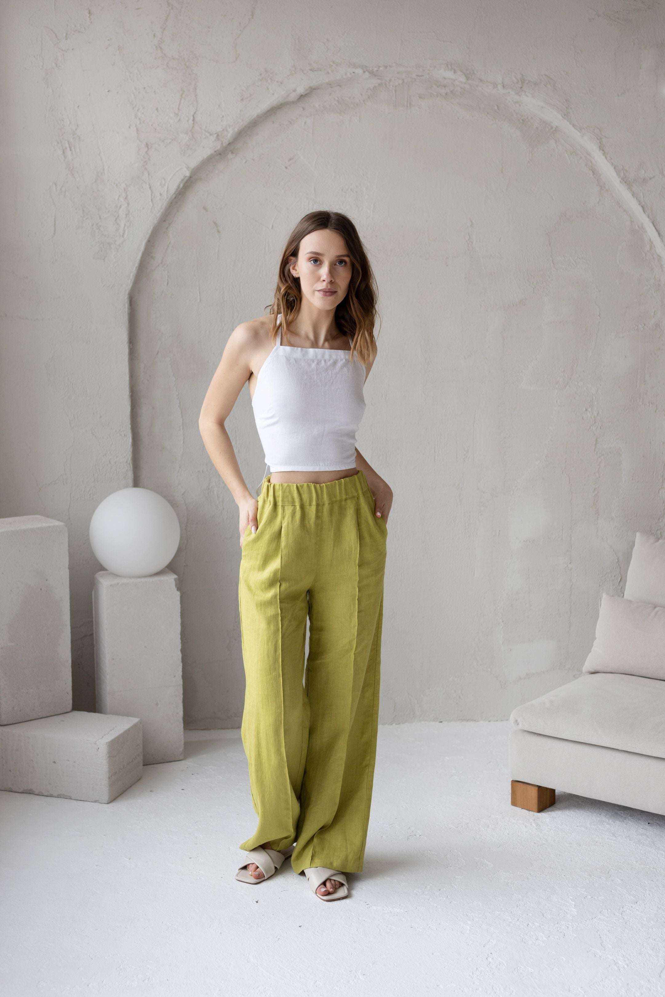 Mustard Linen Crop Top With Open Crossed Back