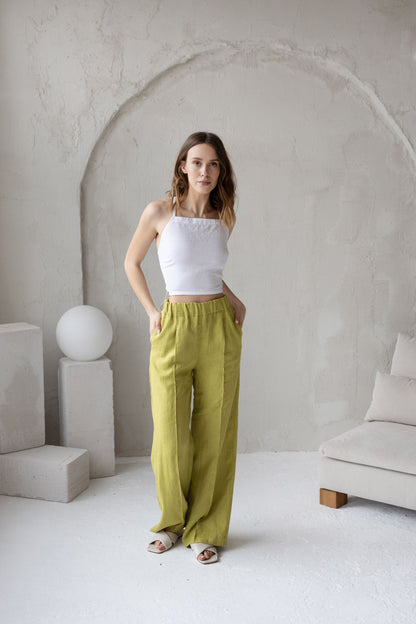 Mustard Linen Crop Top With Open Crossed Back