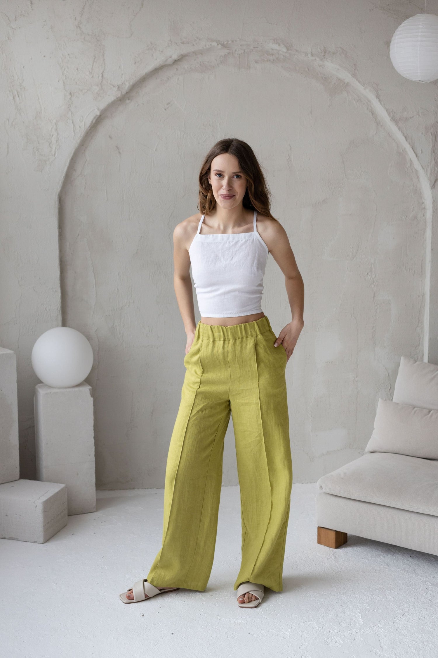 Mustard Linen Crop Top With Open Crossed Back