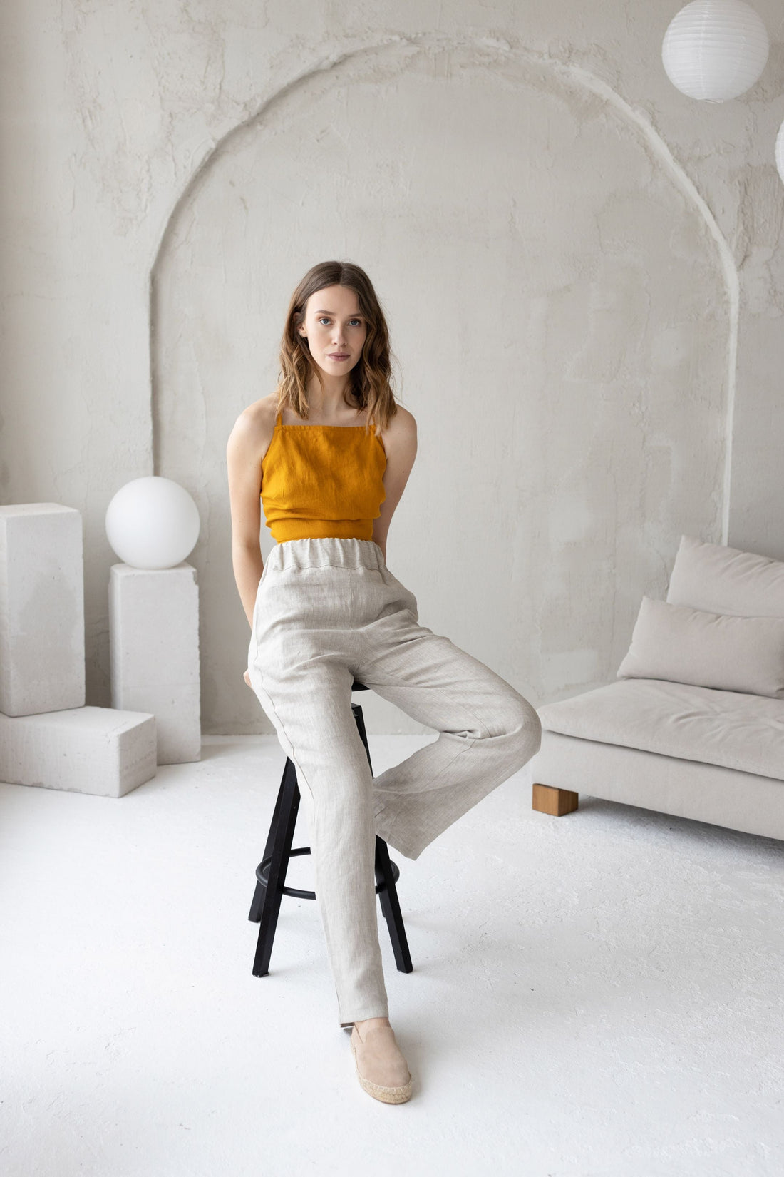 Mustard Linen Crop Top With Open Crossed Back