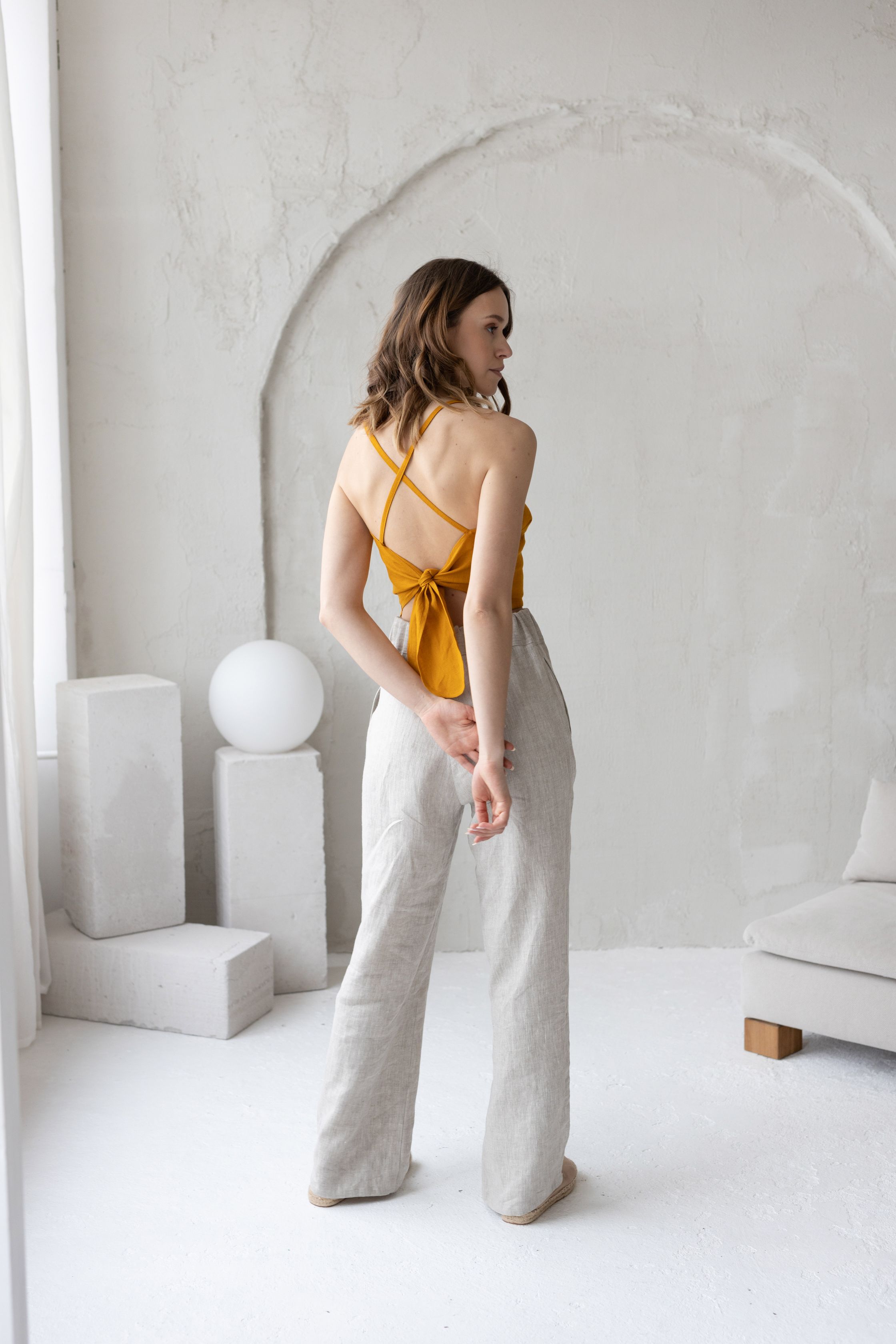 White Linen Crop Top With Open Crossed Back