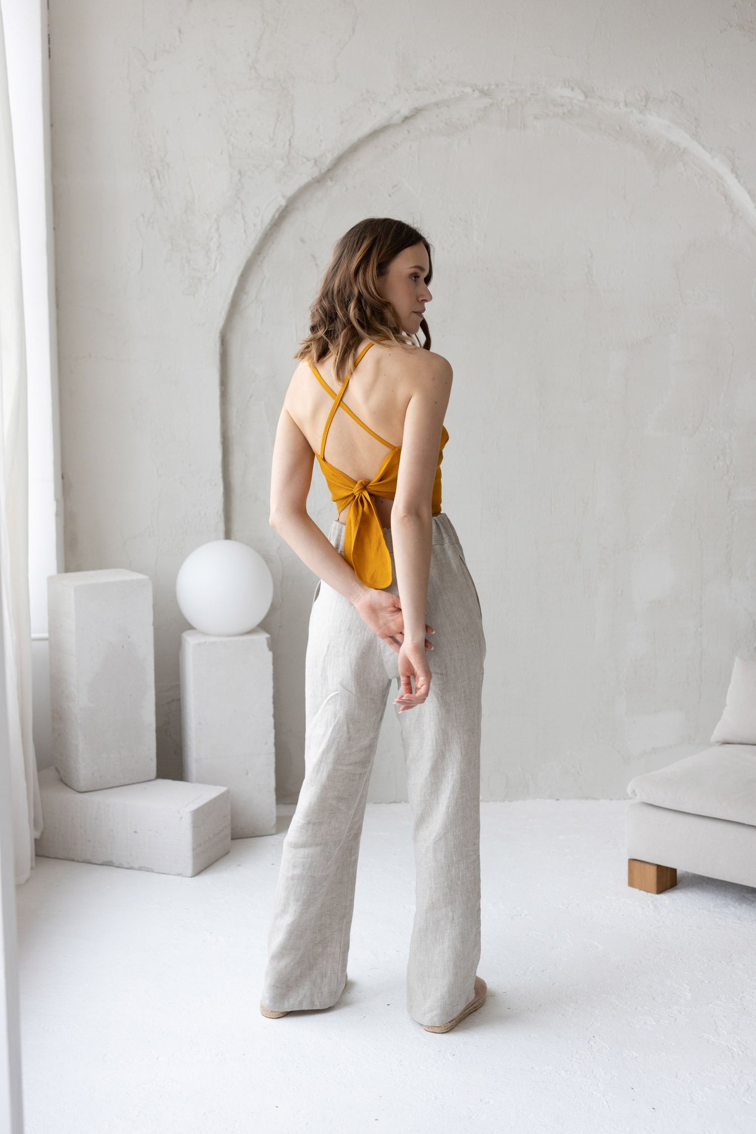 Mustard Linen Crop Top With Open Crossed Back