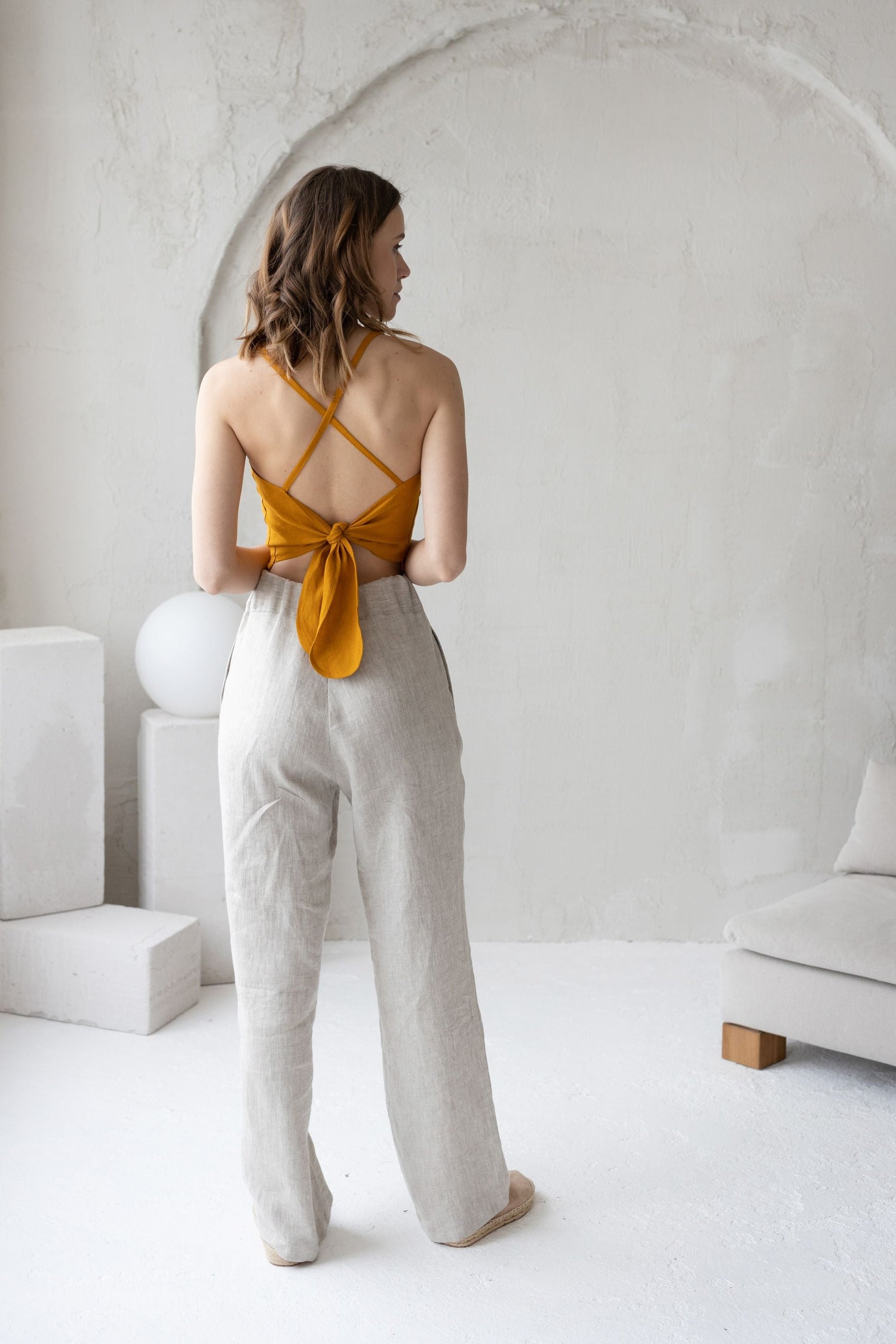 Mustard Linen Crop Top With Open Crossed Back