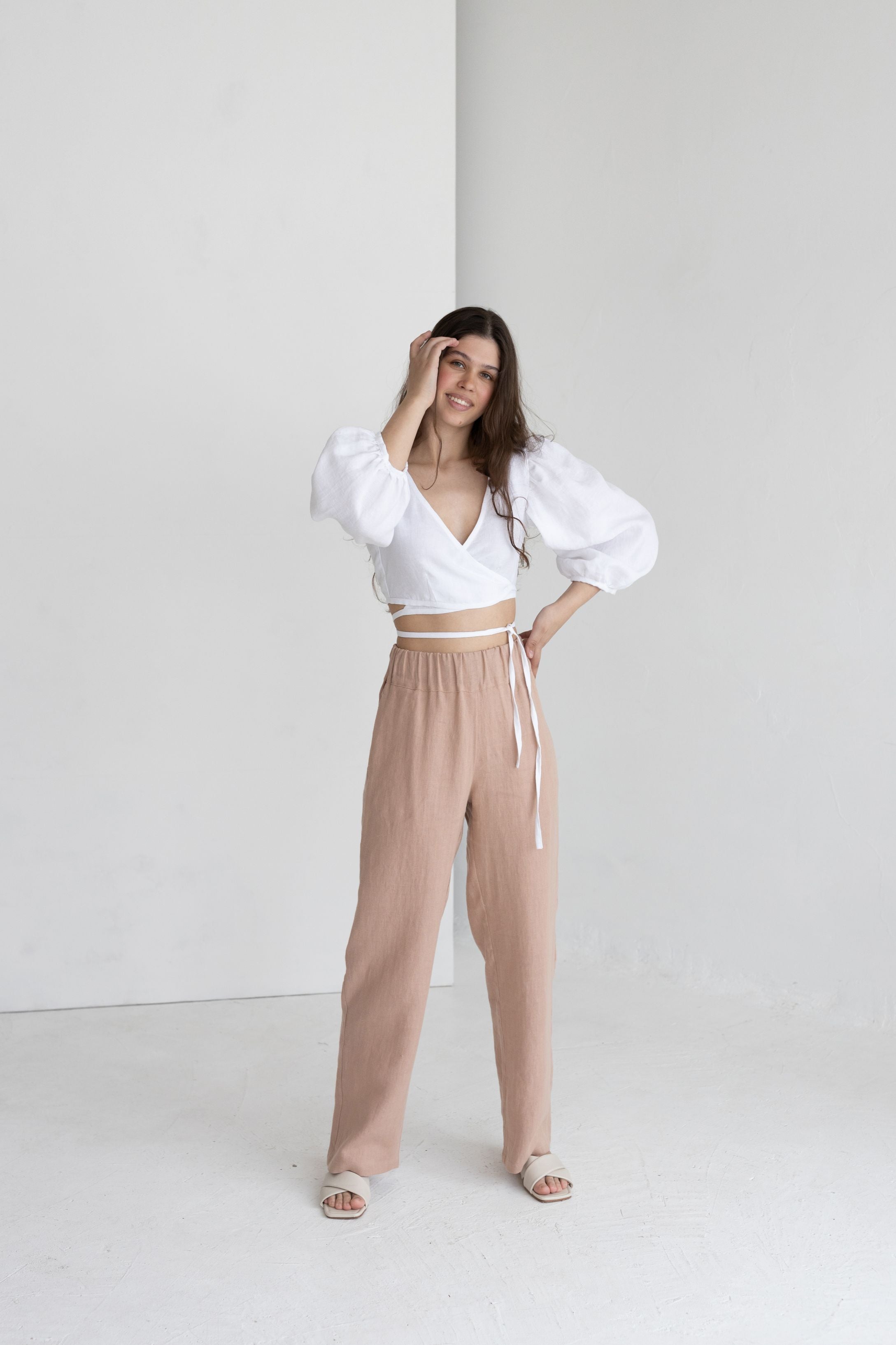 Emerald Linen Blouse With Puff Sleeves