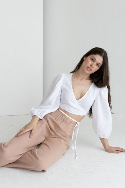 Emerald Linen Blouse With Puff Sleeves