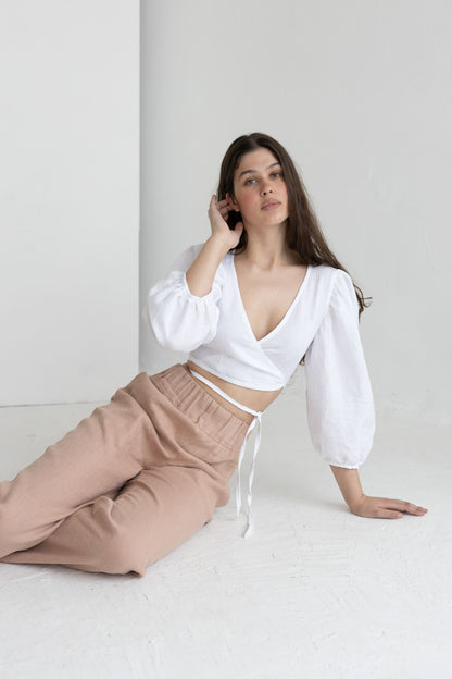 Emerald Linen Blouse With Puff Sleeves