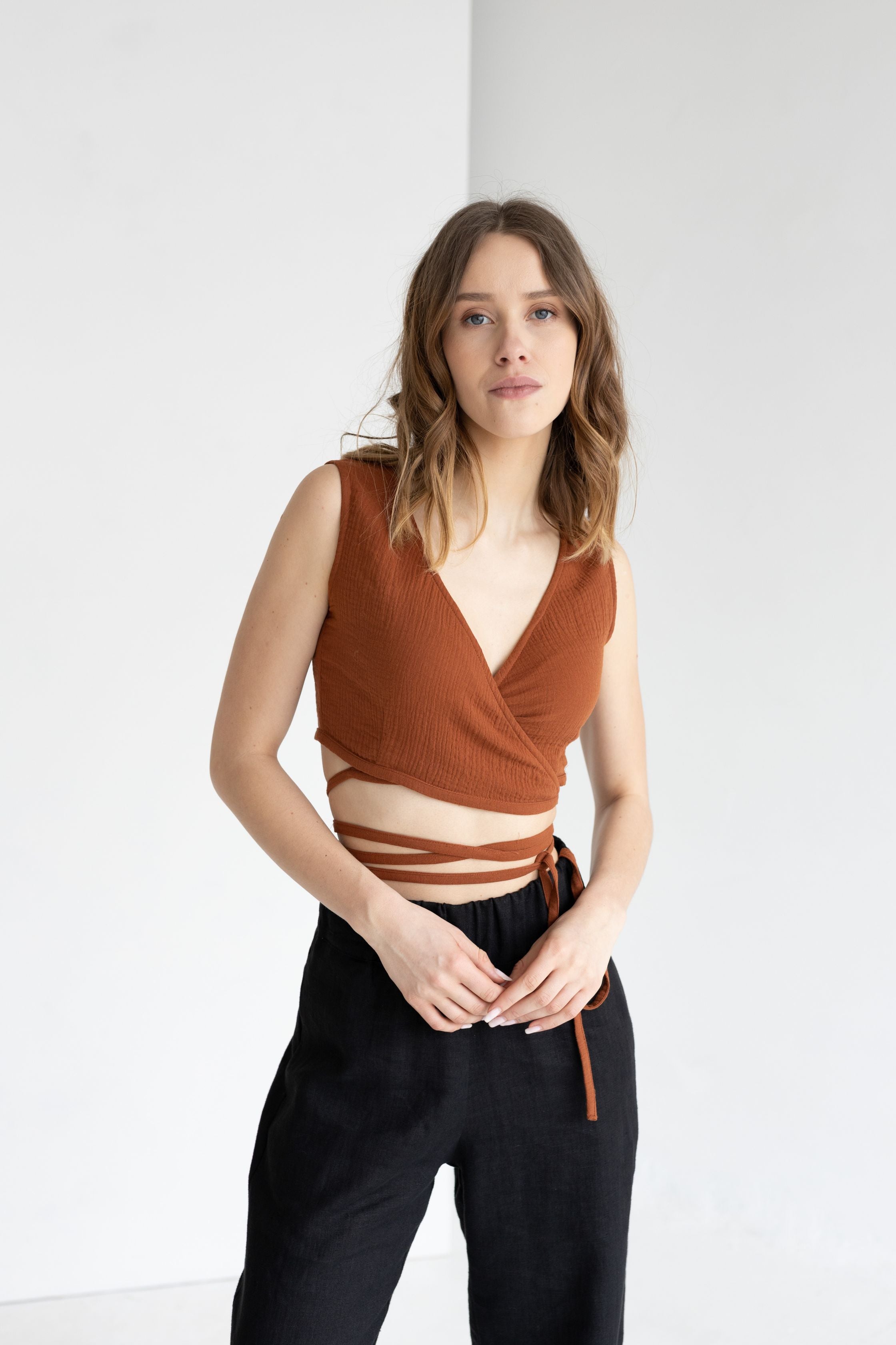 Terracotta Muslin Wrap Top With Ties