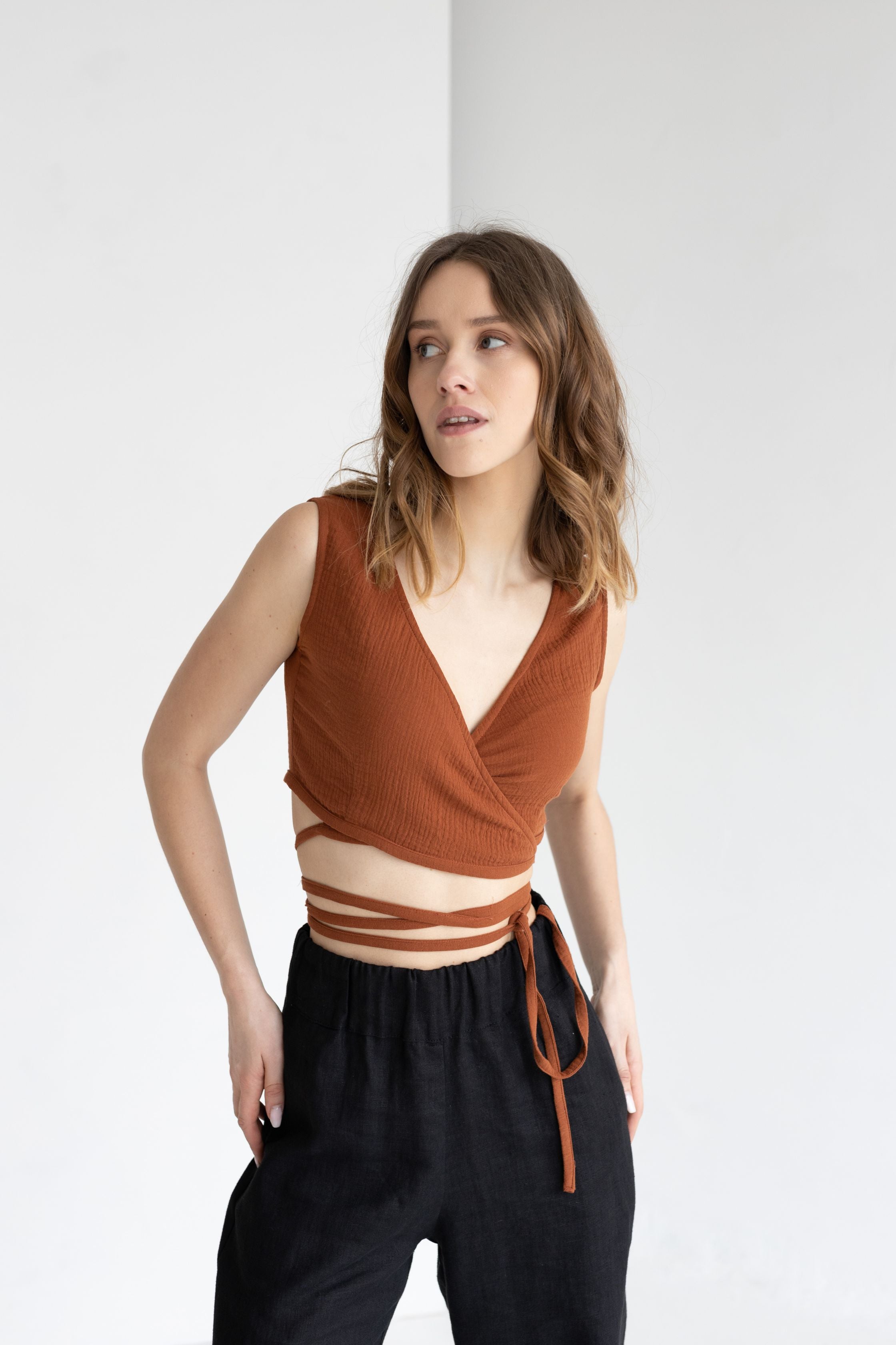Terracotta Muslin Wrap Top With Ties